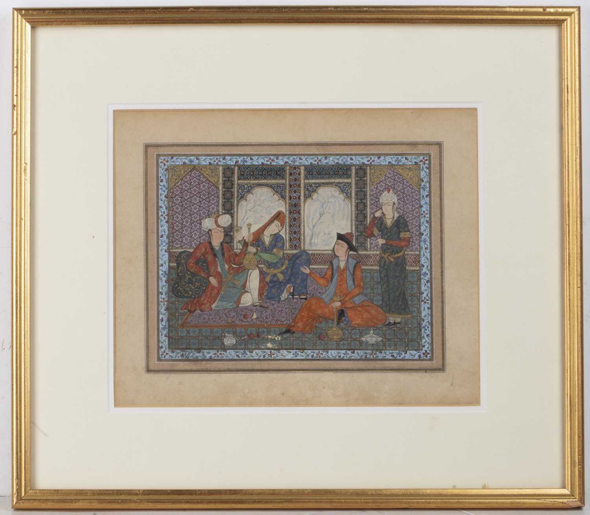 Safavid style painting Iranian, depicting lovers drinking wine on a terrace with two attendants, - Image 2 of 3