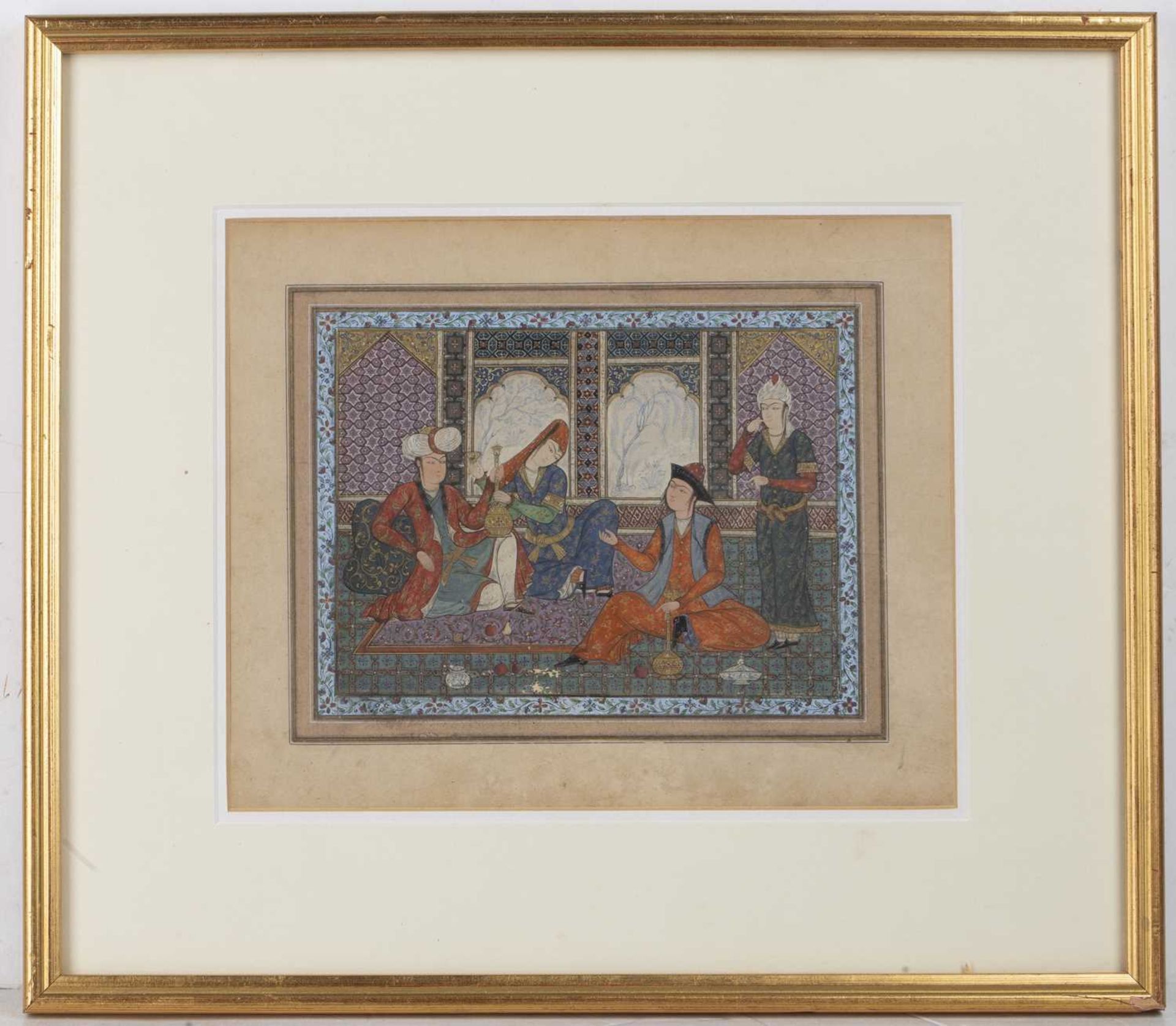 Safavid style painting Iranian, depicting lovers drinking wine on a terrace with two attendants, - Bild 2 aus 3
