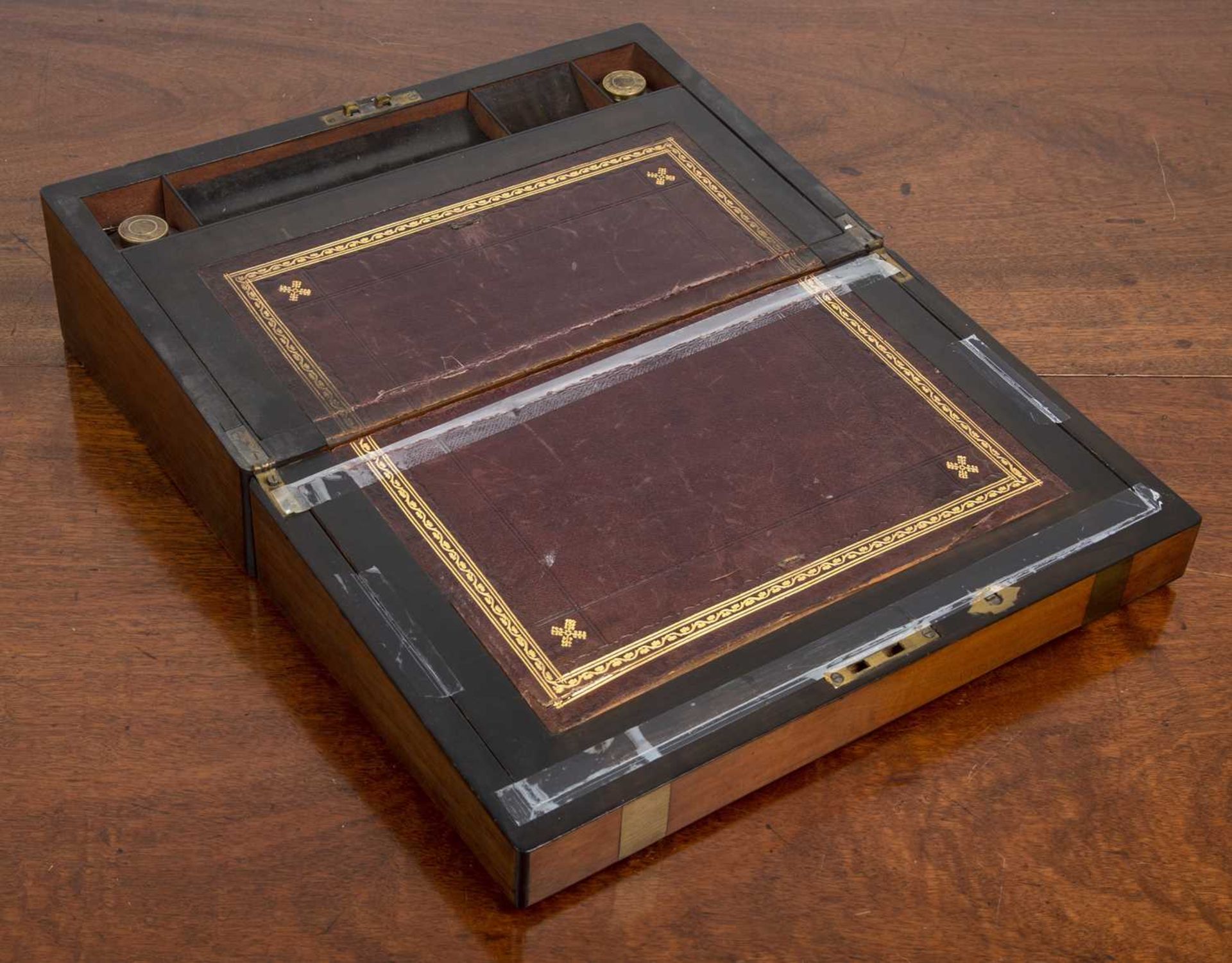 Brass bound writing slope 19th Century, mahogany, with gilt tooled leather scriver and fitted - Image 2 of 4