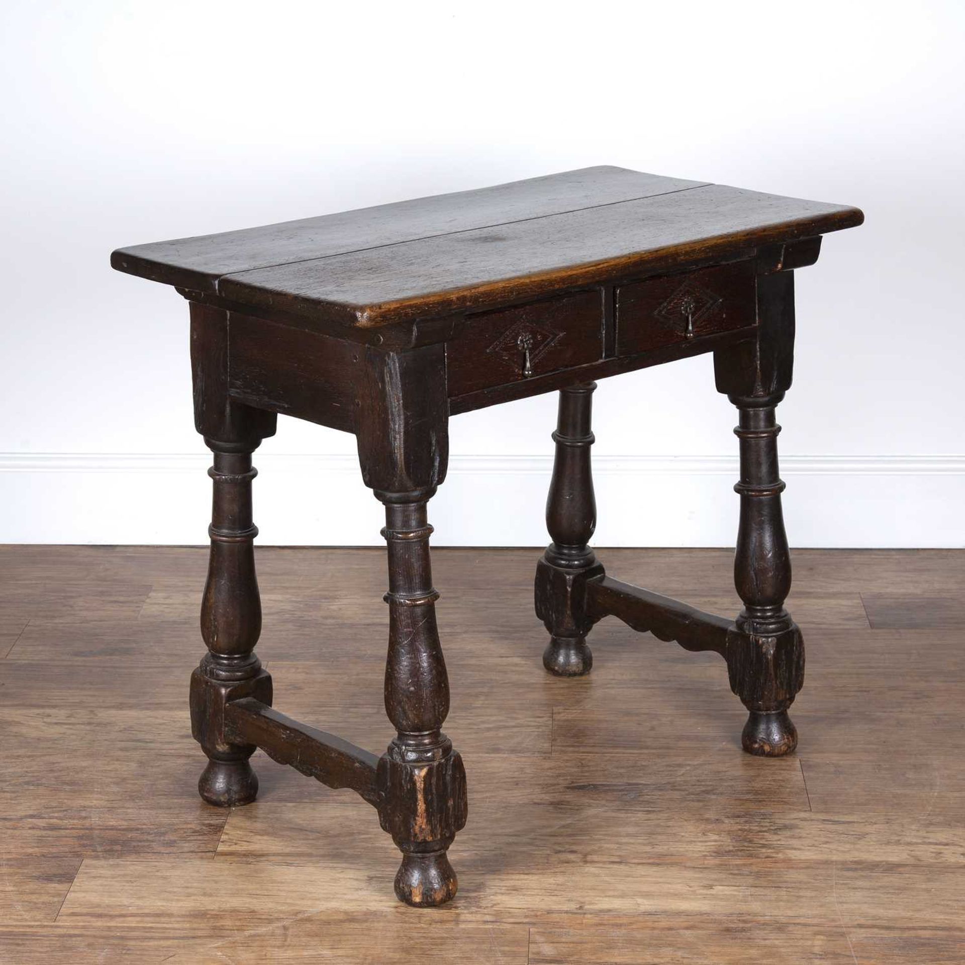 Oak side table 18th Century and later, fitted two carved drawers on turned supports and - Bild 4 aus 5