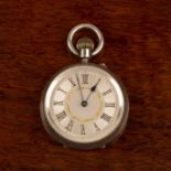 Silver open pocket watch or fob watch the silvered dial with gilded Roman numerals, bearing marks