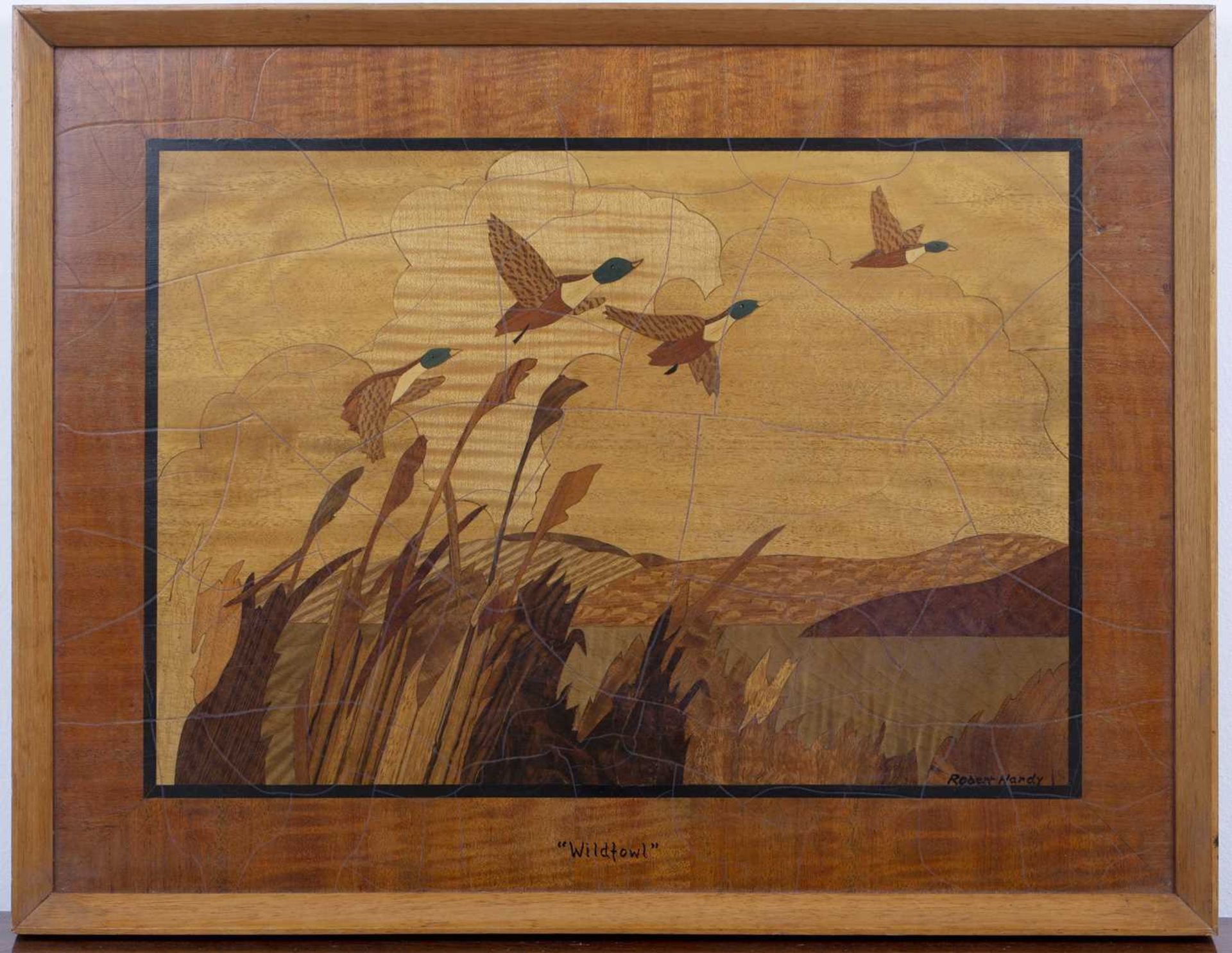 Robert Hardy (20th Century School) 'Wildfowl', parquetry picture, signed lower right, 33cm x