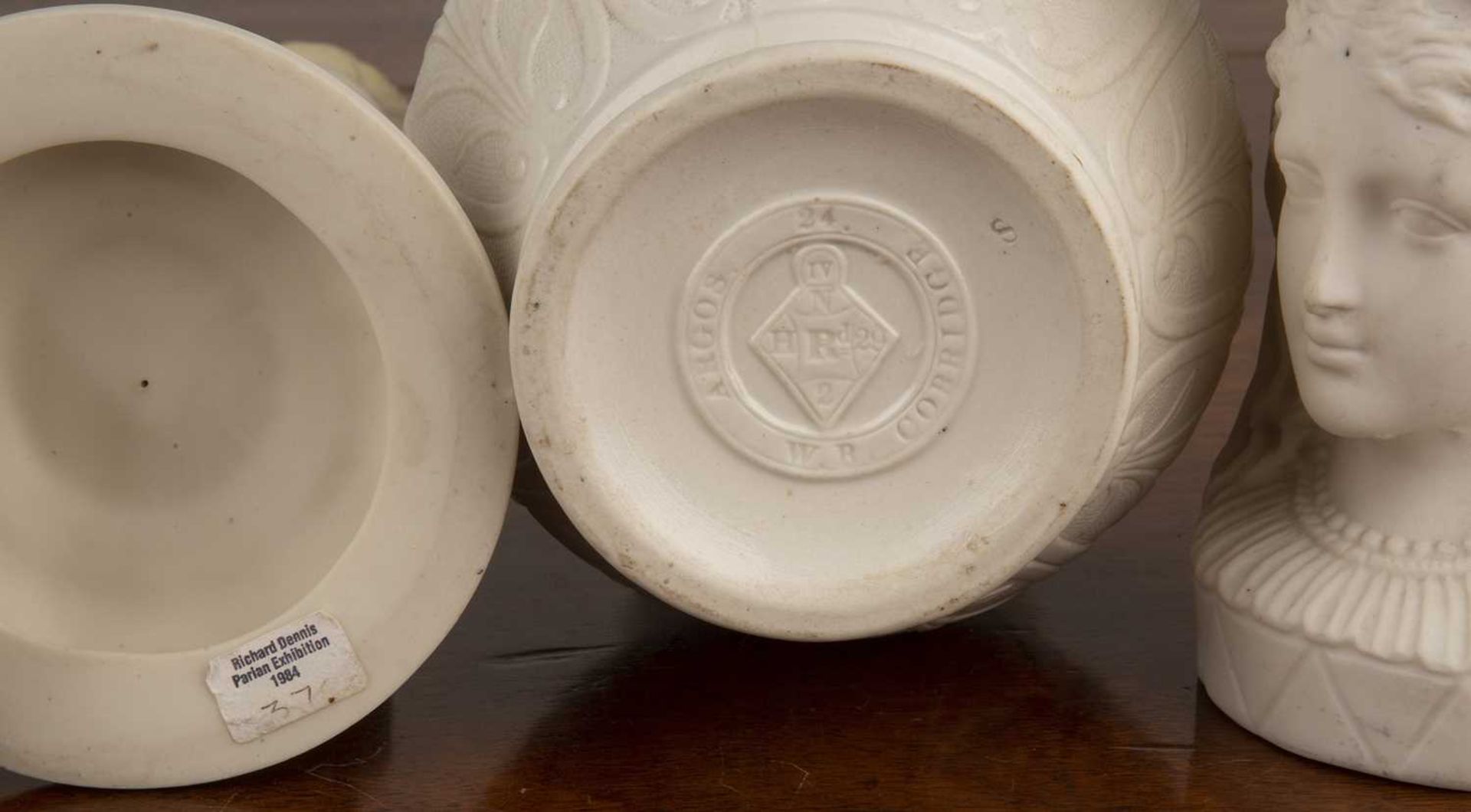 W R Cobridge saltglaze jug and a small group of parian ware including a pair of Copeland - Image 3 of 3