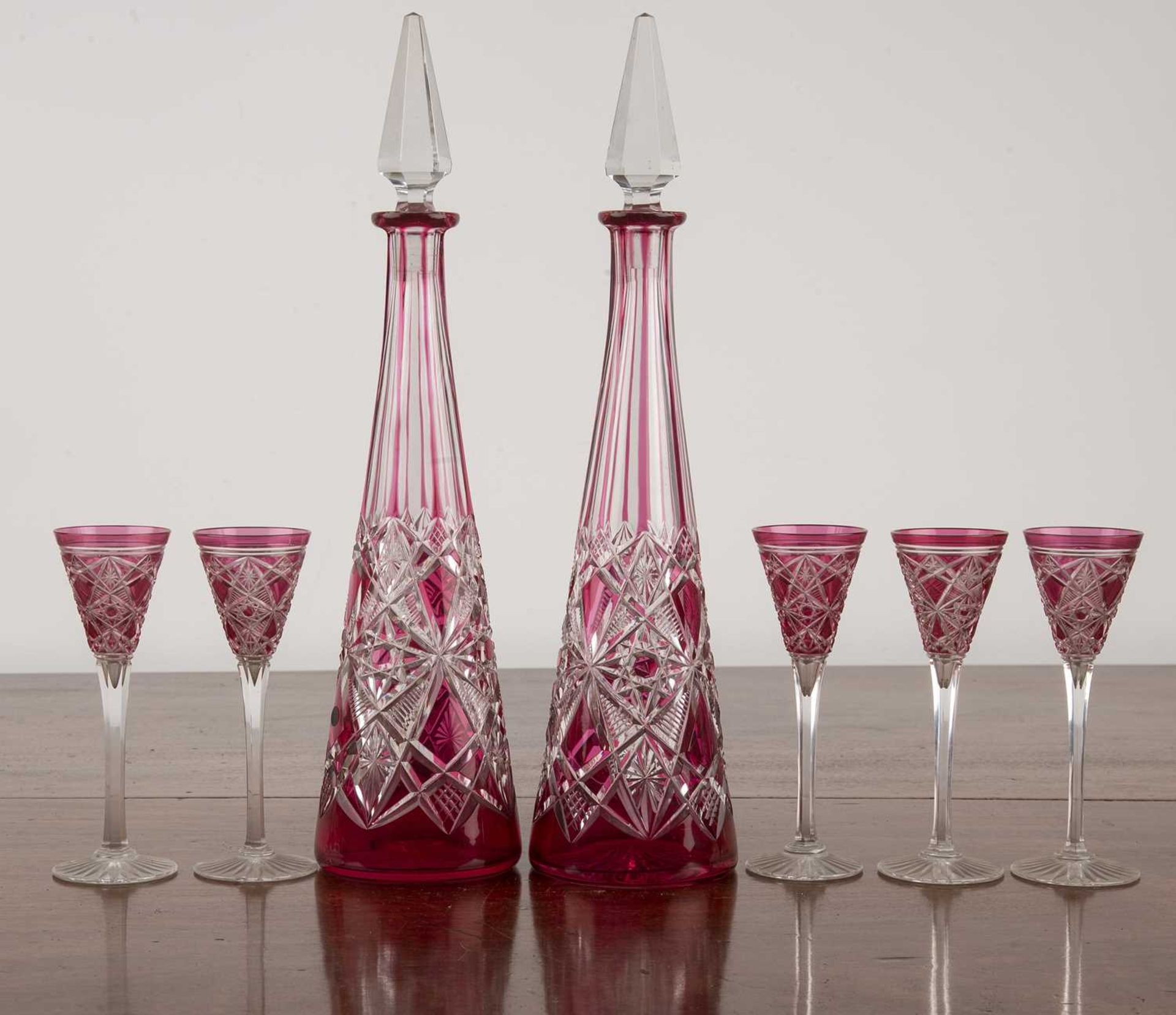 Bohemian flashed glass drinking set comprising of two conical decanters with stoppers and five - Image 2 of 2