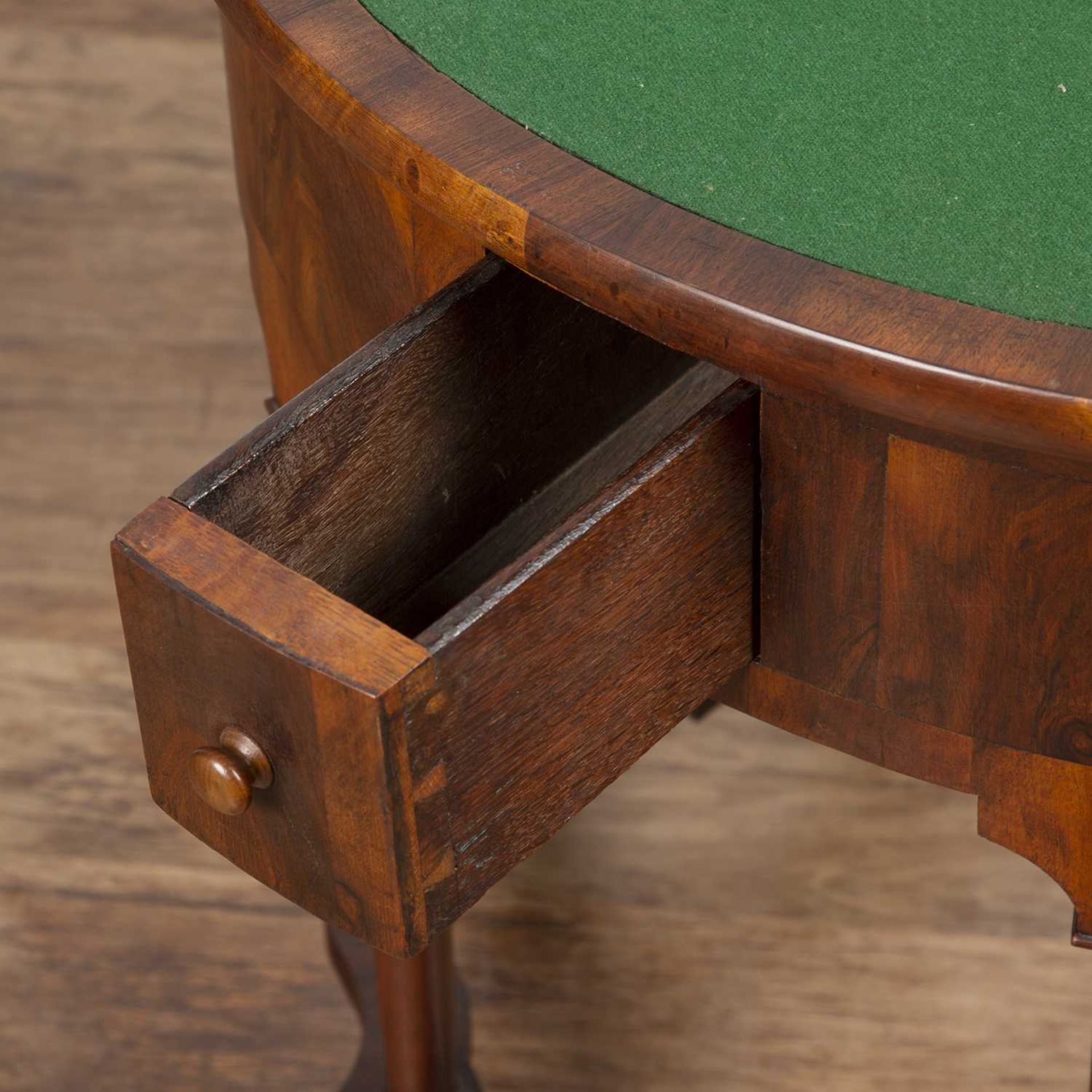 Quarter veneered walnut demi-lune card table Queen Anne style with inset baize on turned support and - Image 4 of 6