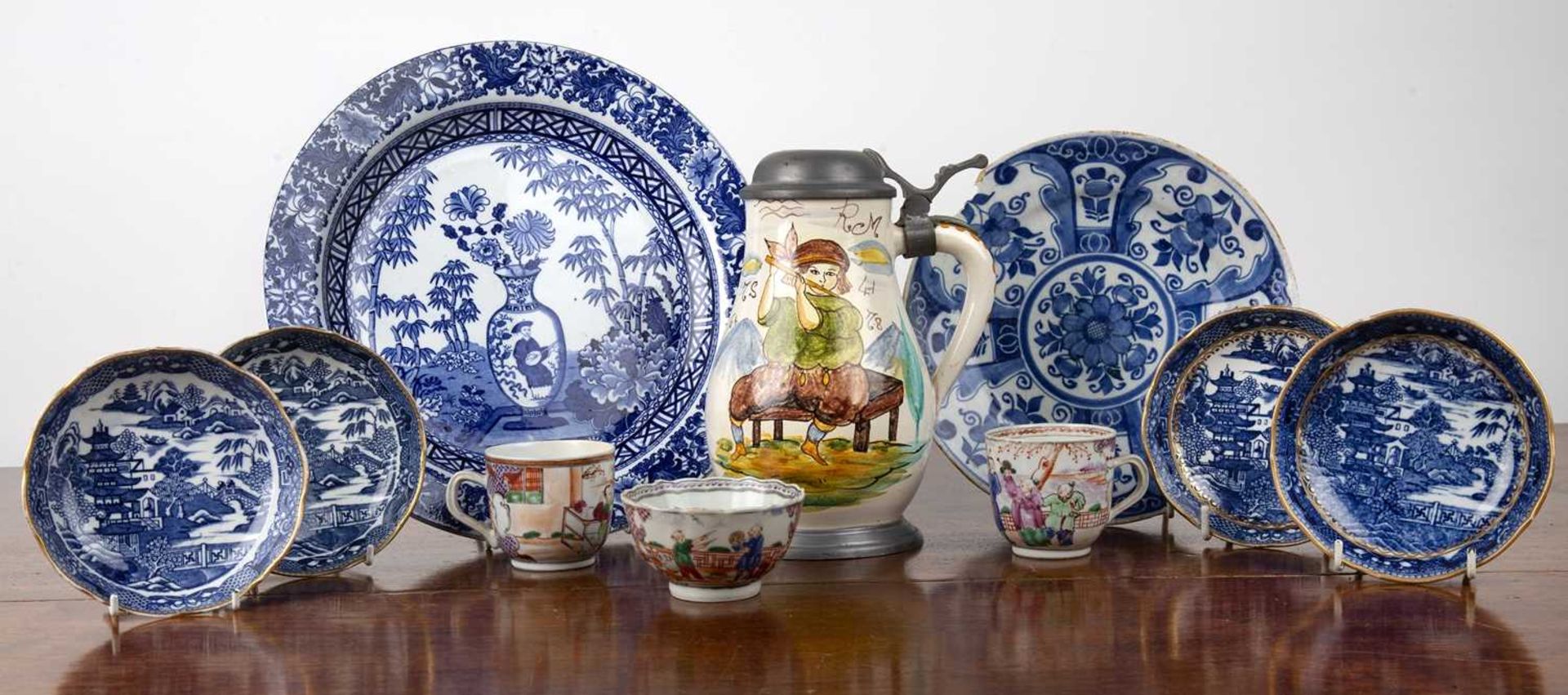 Group of ceramics including a faience and pewter mounted tankard, 21.5cm high, a Wedgwood transfer