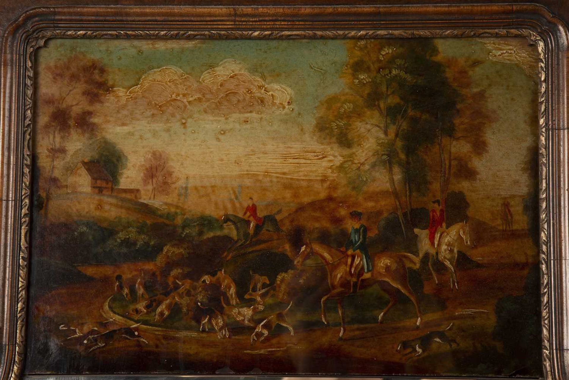 Walnut fret wall mirror 18th Century style, inset with a painted hunting scene, 99.5cm x 48cmSmall - Image 2 of 3