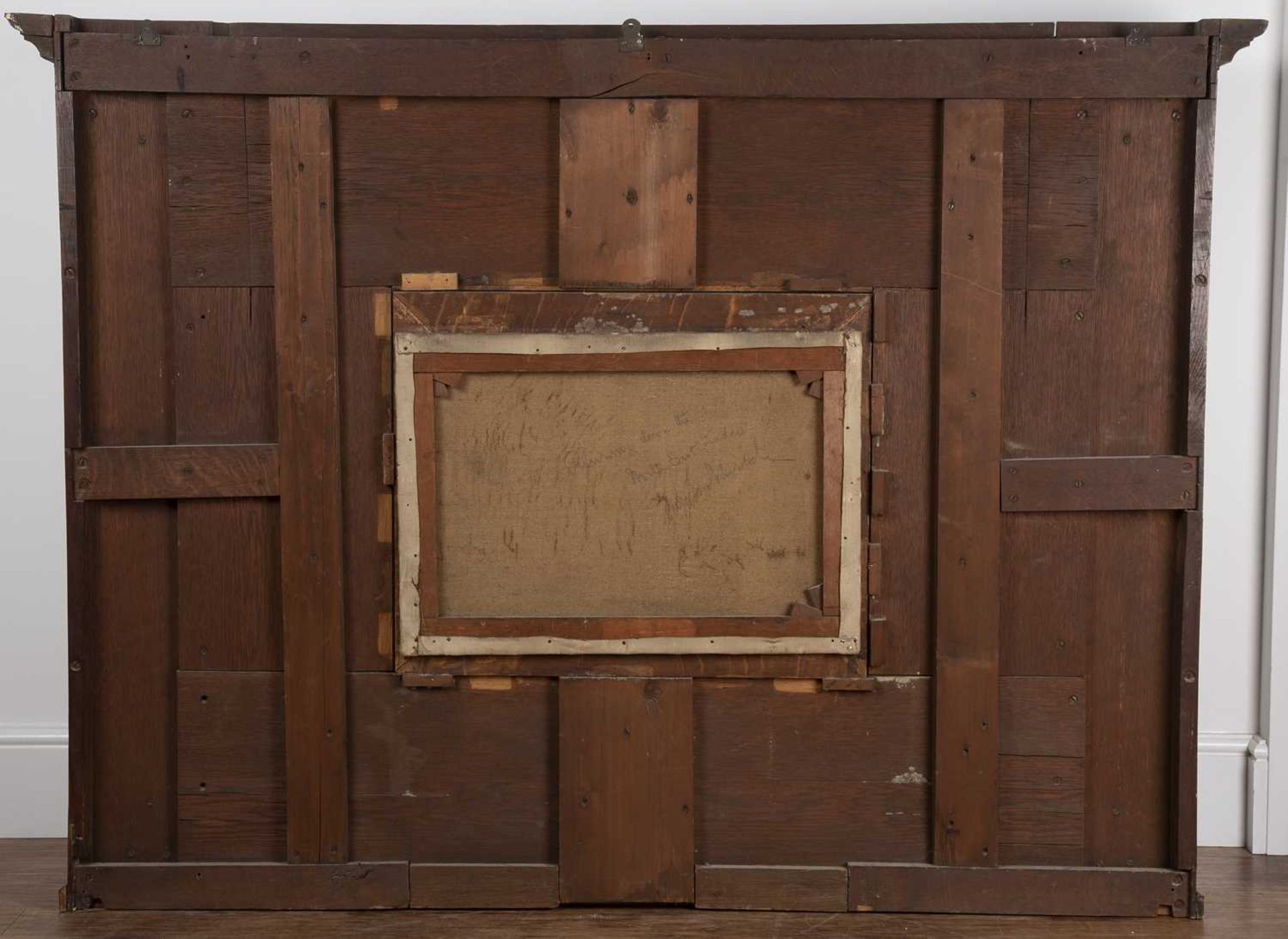 Large oak overmantel with carved swags and central rectangular painted panel depicting a sailing - Bild 3 aus 4