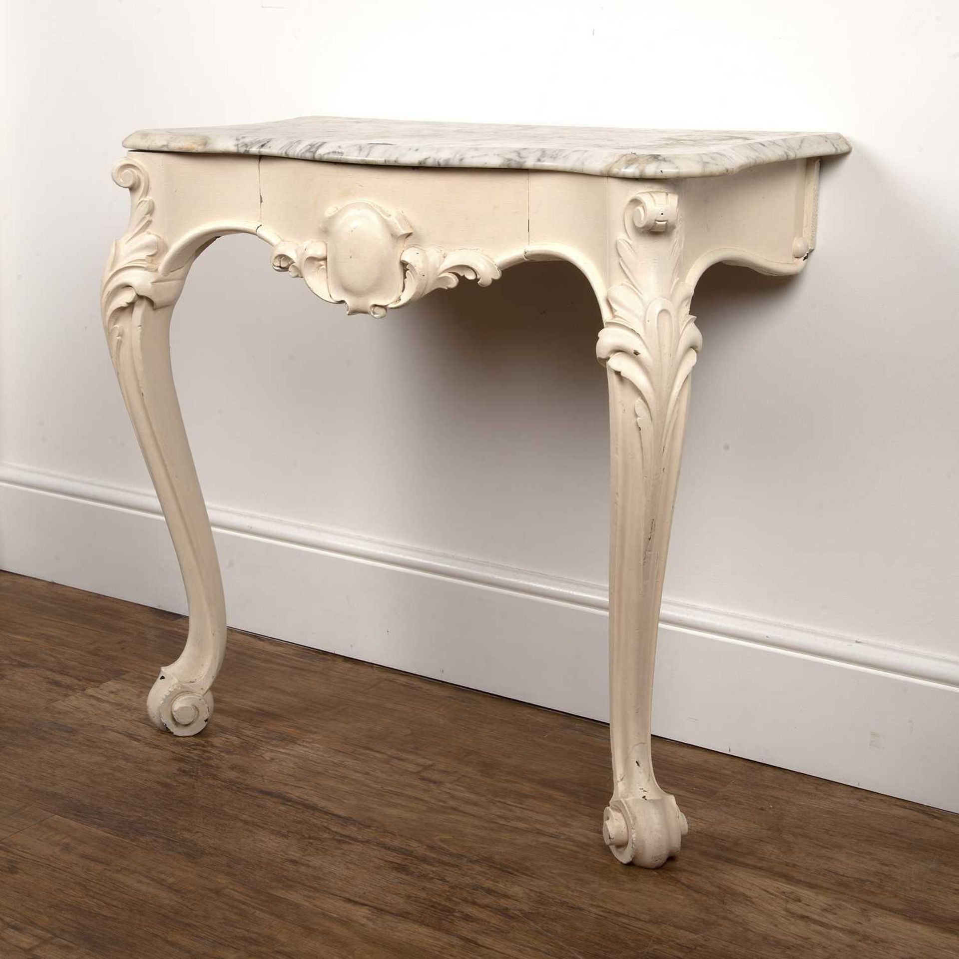 White painted and marble top console table with central fitted drawer on shaped supports, 74cm - Image 2 of 4