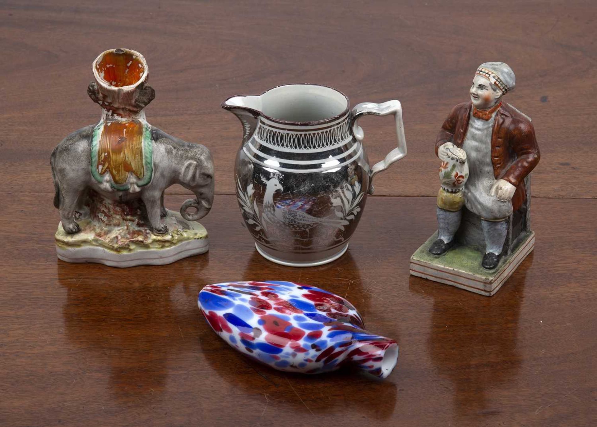 Group of pieces including a 19th Century silver resist pottery jug, 13cm high a Staffordshire