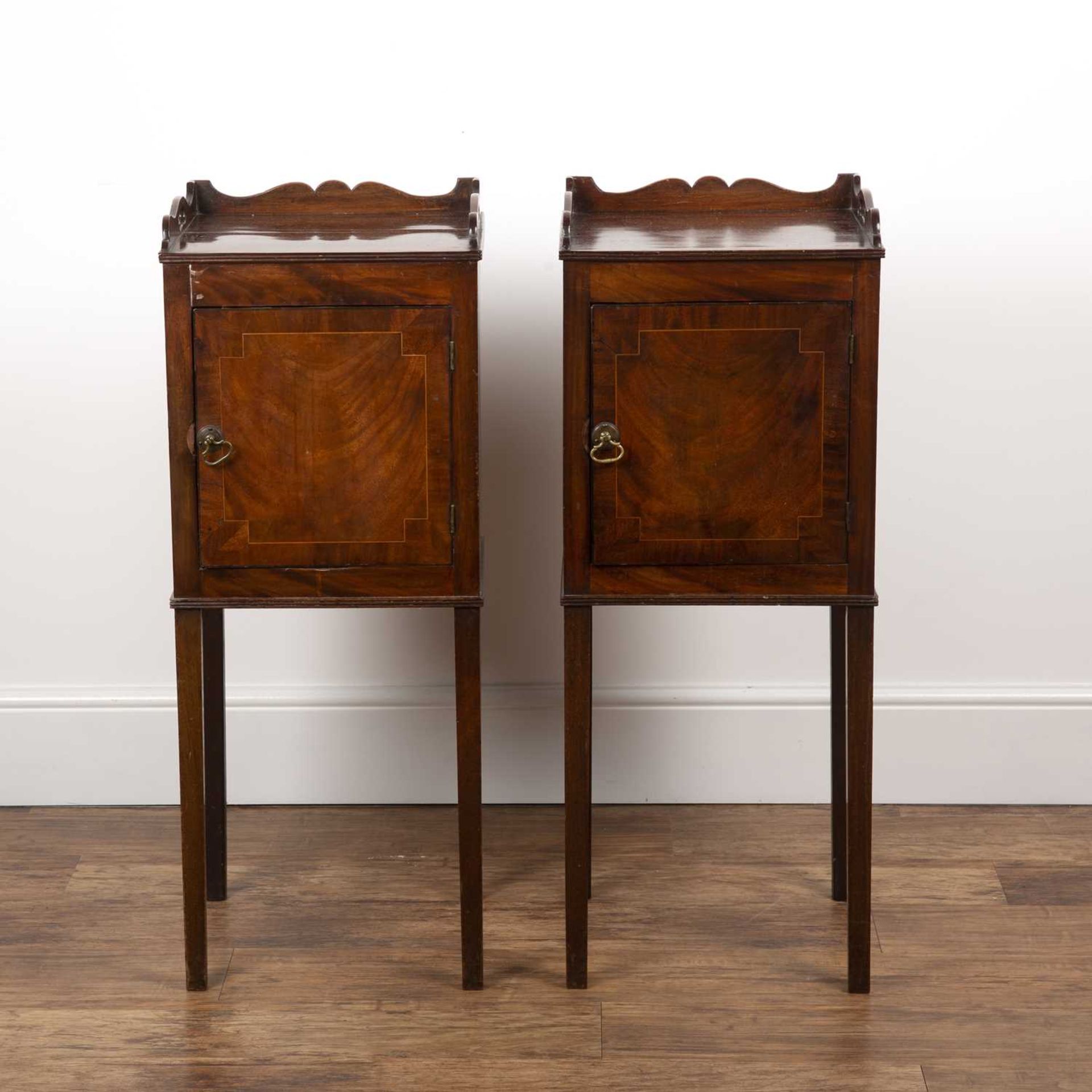 Pair of mahogany and inlaid tray top bedside cupboards 19th Century, each with a panel door with