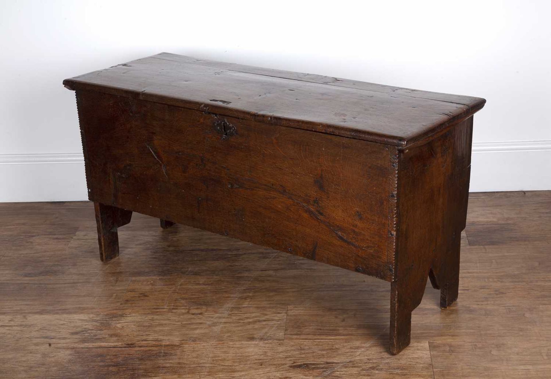 Six plank oak coffer late 17th Century, with iron hinges, 107cm long x 40cm deep x 57cm high Good - Image 3 of 5