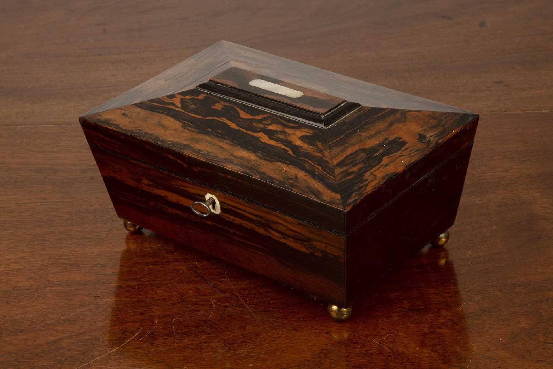 Coromandel sewing box 19th Century, of sarcophagus form with fitted interior on brass ball feet