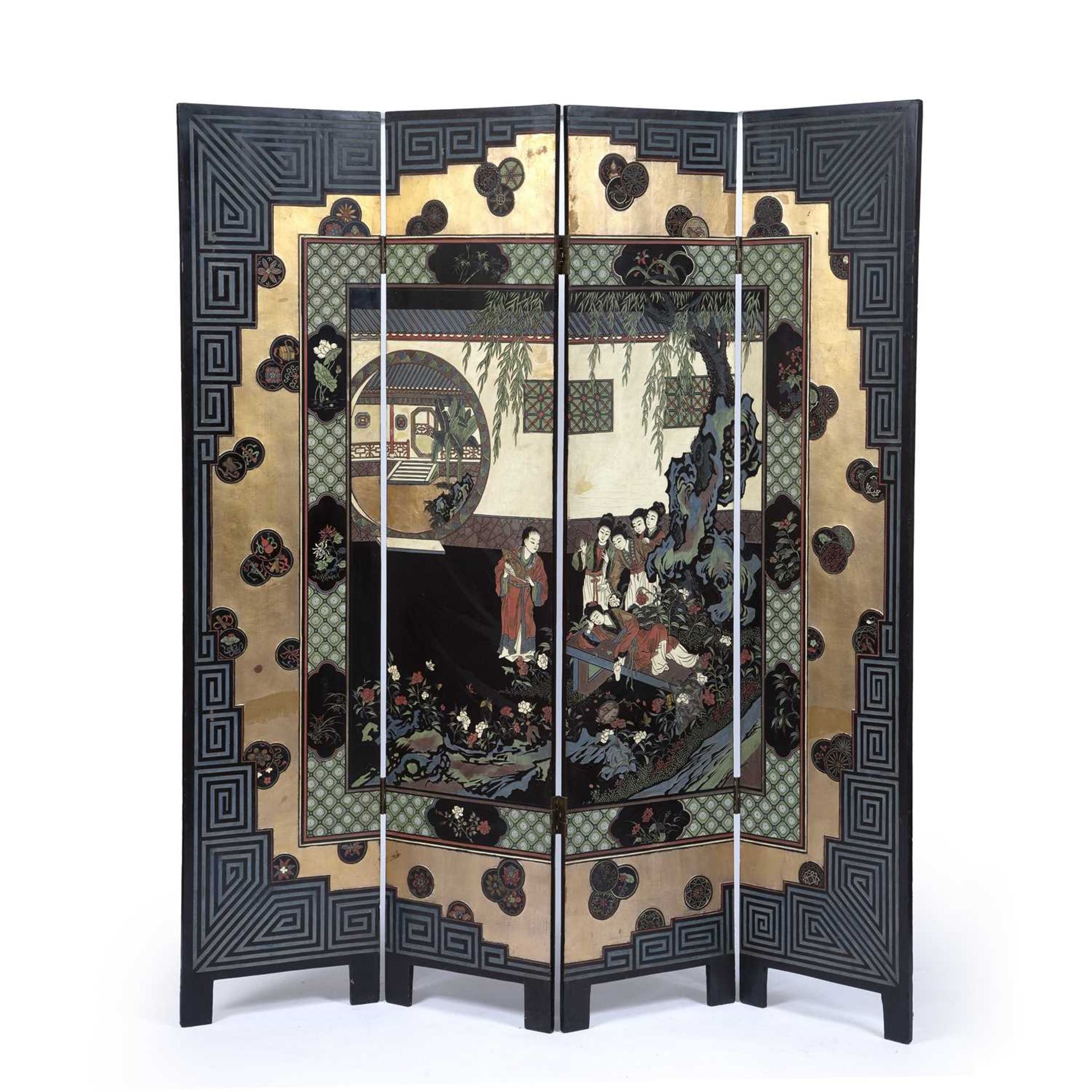 Coromandel lacquer four fold screen Chinese, the double sides decorated with figures, foliate and