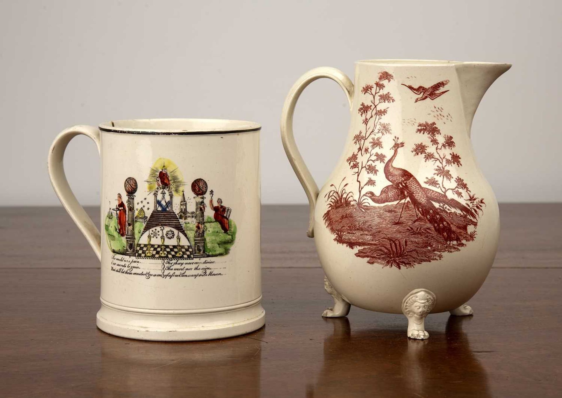Creamware jug and a Masonic creamware frog mug 18th/19th Century, the jug transfer printed with