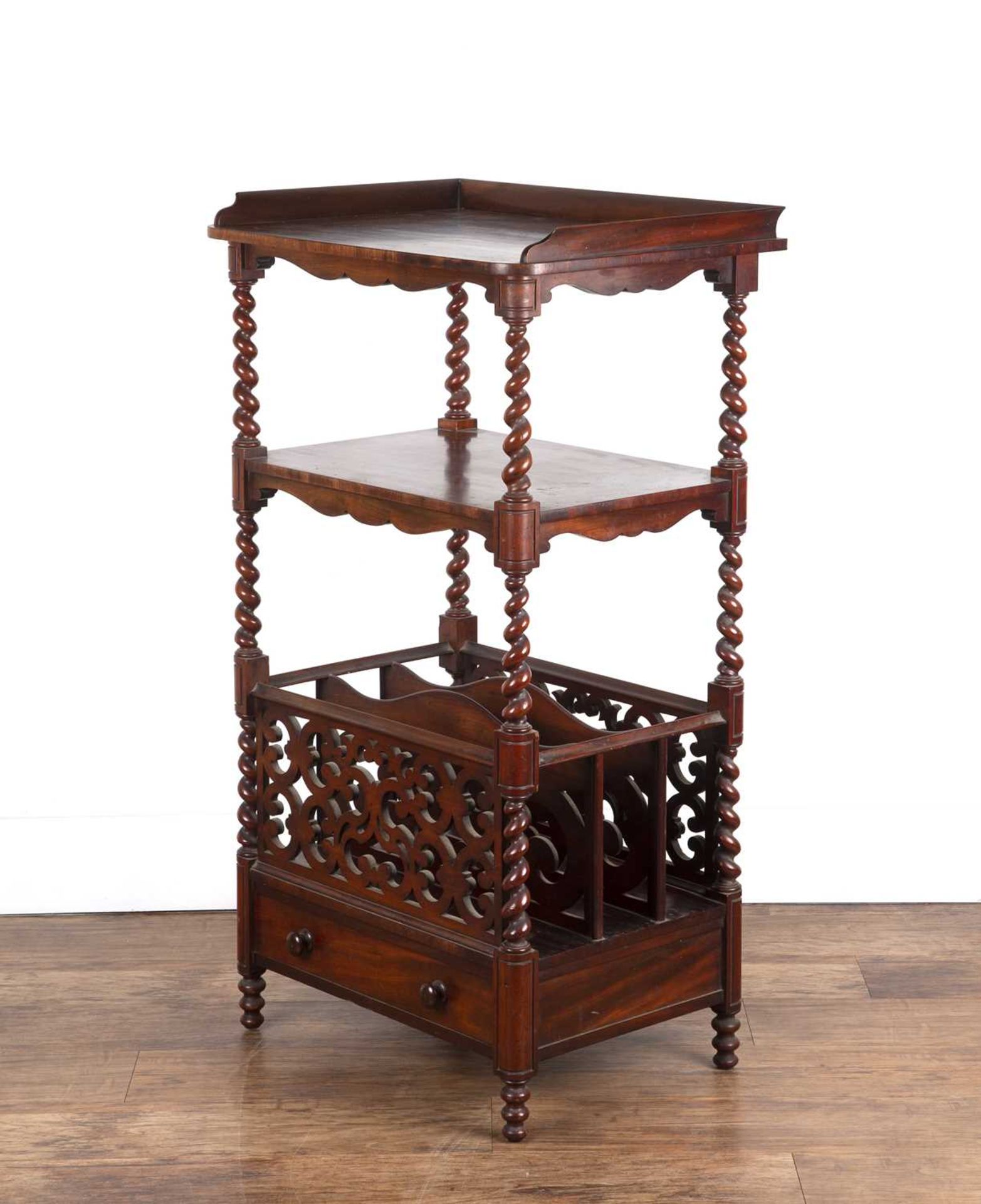 Mahogany etagere 19th Century, with spiral twist columns and fitted drawer to the base, 60cm wide - Image 3 of 5