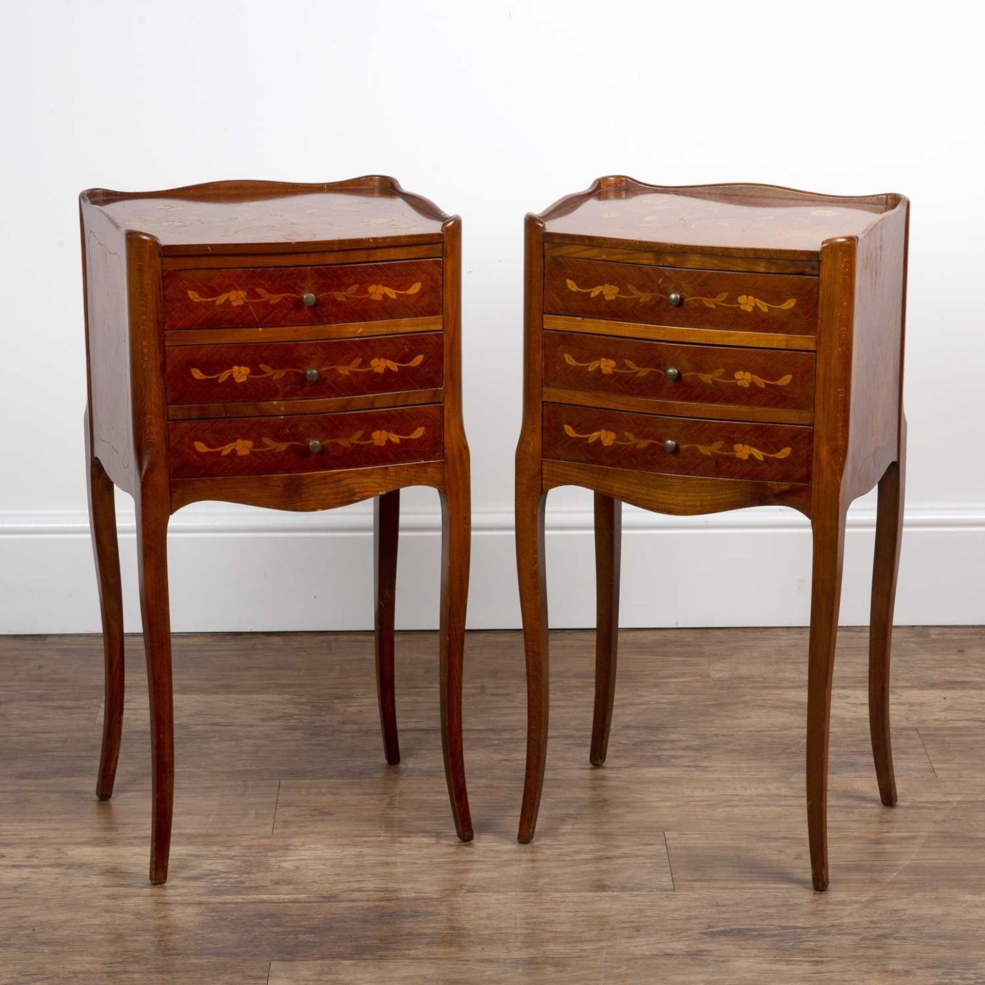 Pair of marquetry bedside table cabinets French style, each fitted with three drawers, 37cm wide x