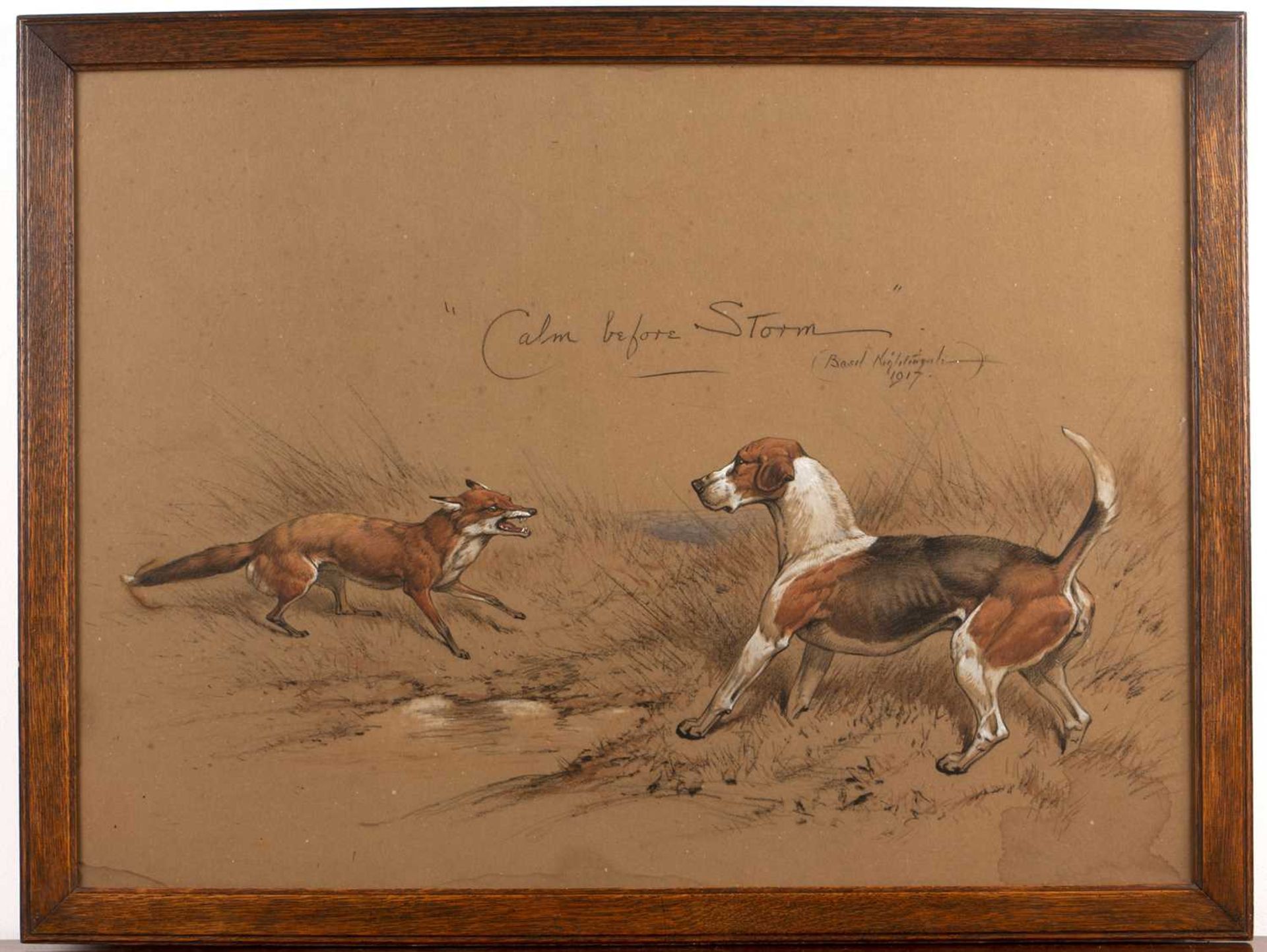 Basil Nightingale (1864-1940) 'Calm before the storm' study of a fox and hound, graphite and gouache - Image 2 of 3