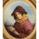After George Baxter (1804-1867) coloured print of a girl holding playing cards, 34cm x 29cmThe