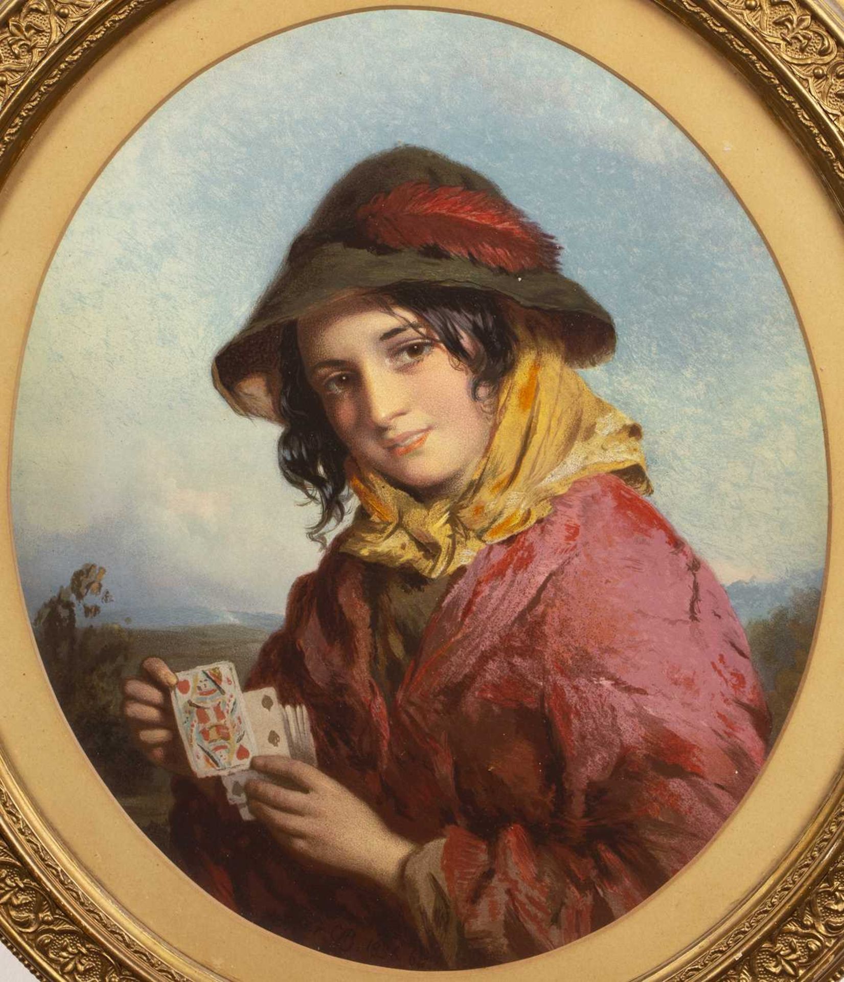 After George Baxter (1804-1867) coloured print of a girl holding playing cards, 34cm x 29cmThe