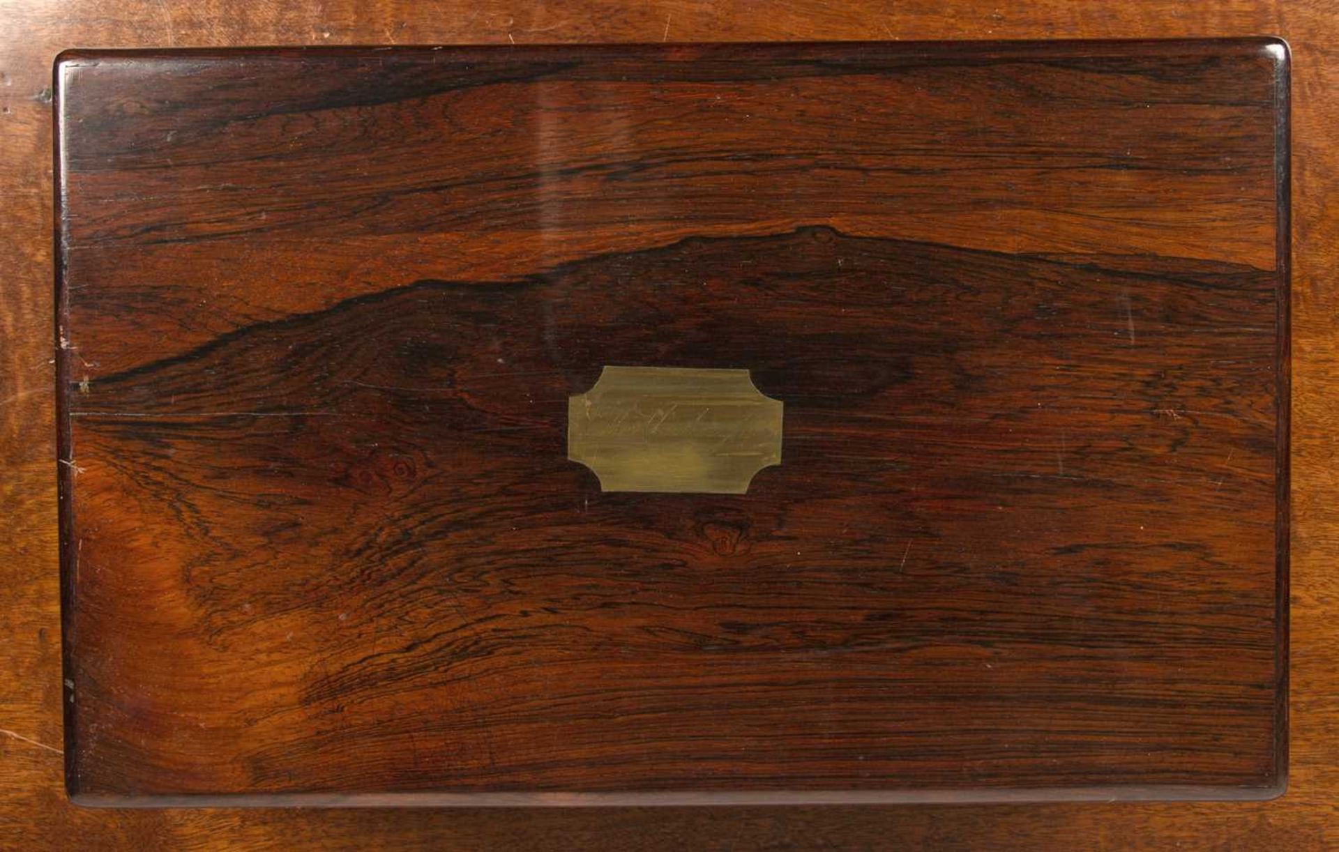 Rosewood writing slope 19th Century, with fitted interior and glass inkwells, with brass campaign - Image 5 of 5
