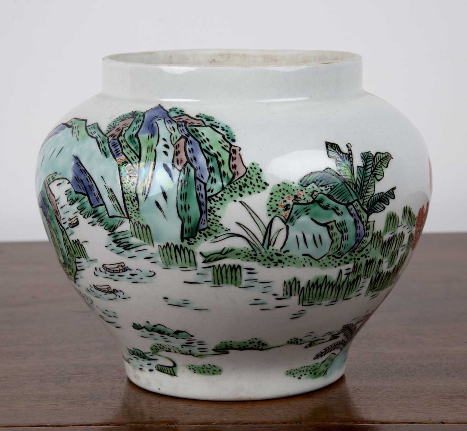 White ground ovoid porcelain vase Chinese, painted with scholars and figures fishing, 17.5cm high - Image 2 of 3