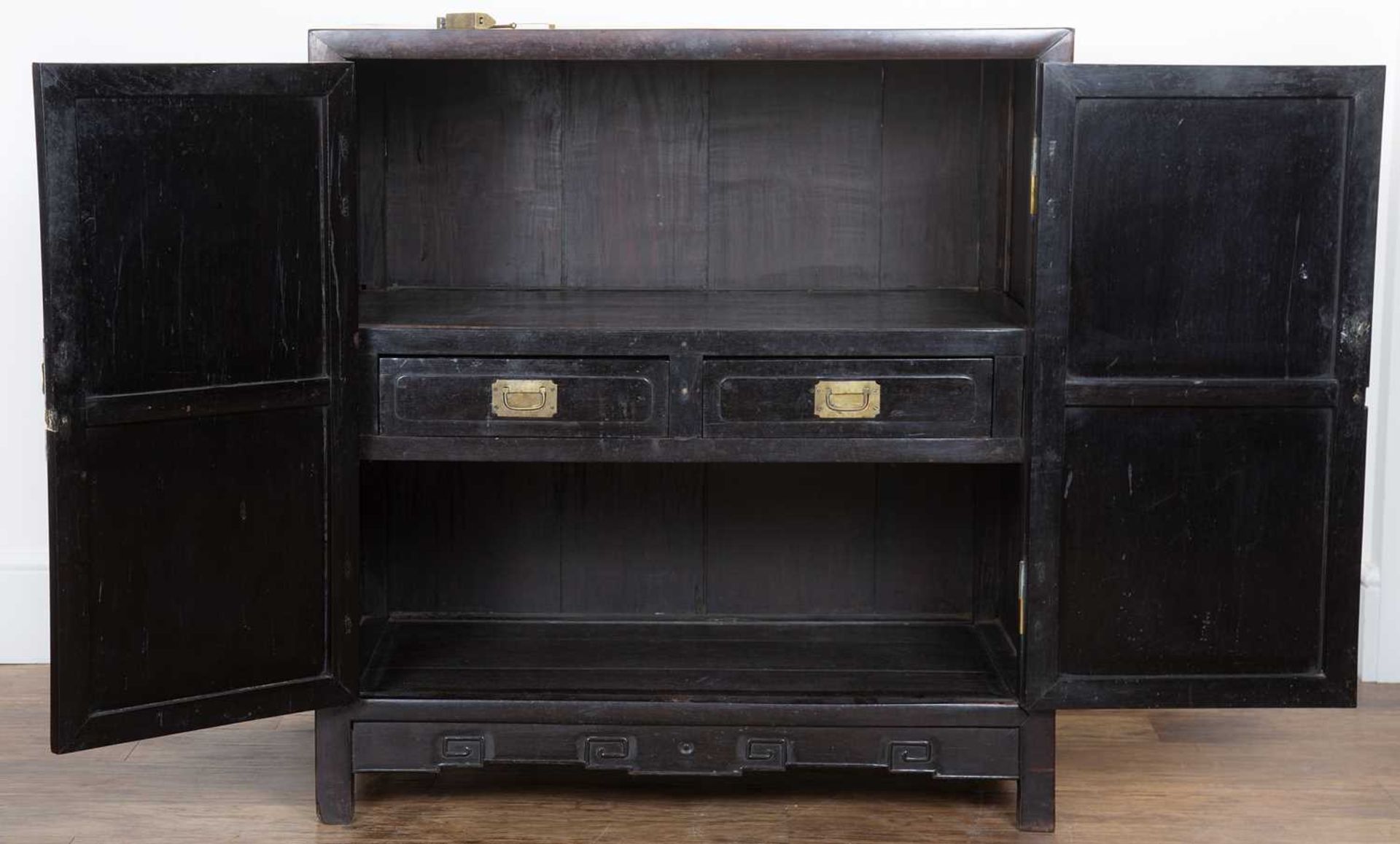Zitan wood cabinet Chinese, 19th Century, with plain panel doors and with brass locks, 90cm wide x - Image 5 of 7