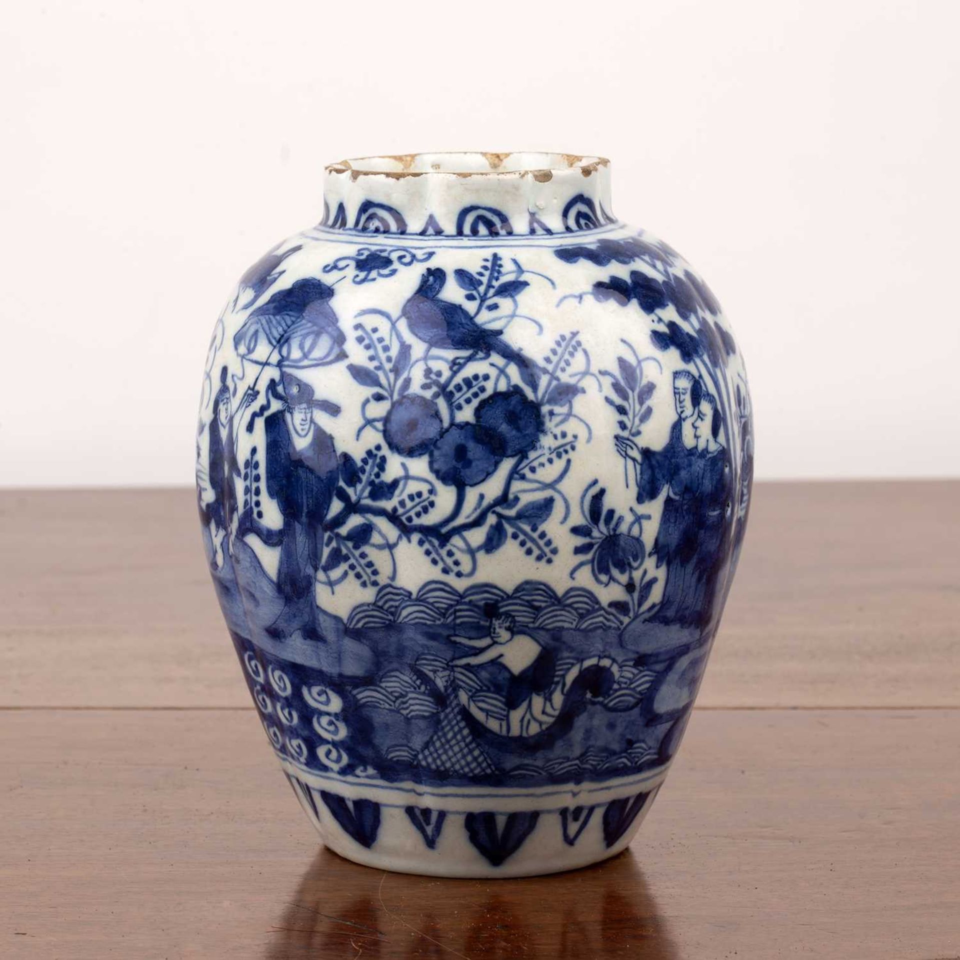 Delft blue and white pottery vase early 18th Century, painted with a Chinese garden scene, and