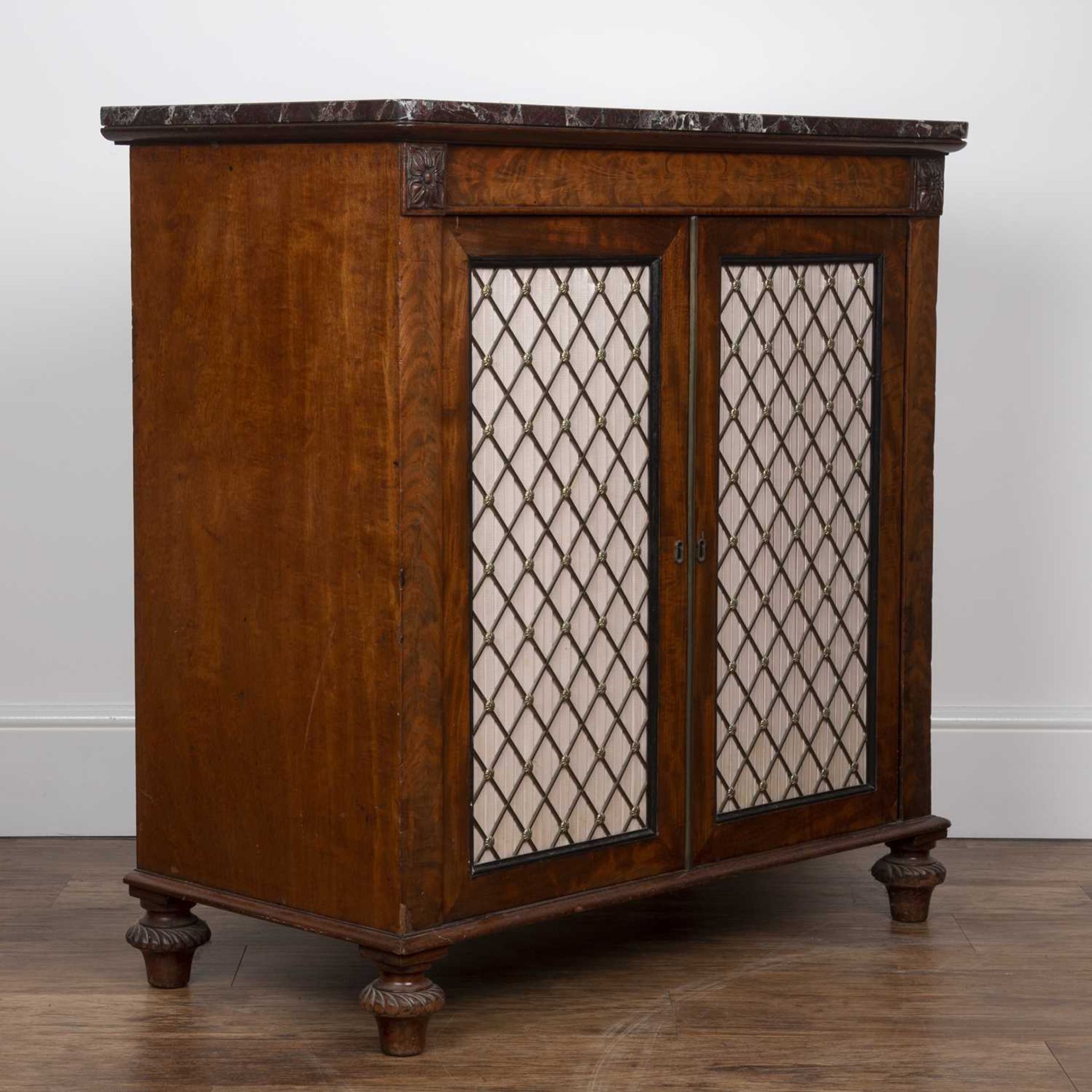 Mahogany and marble top side cabinet 19th Century, with enclosed brass grille doors and carved - Image 3 of 6