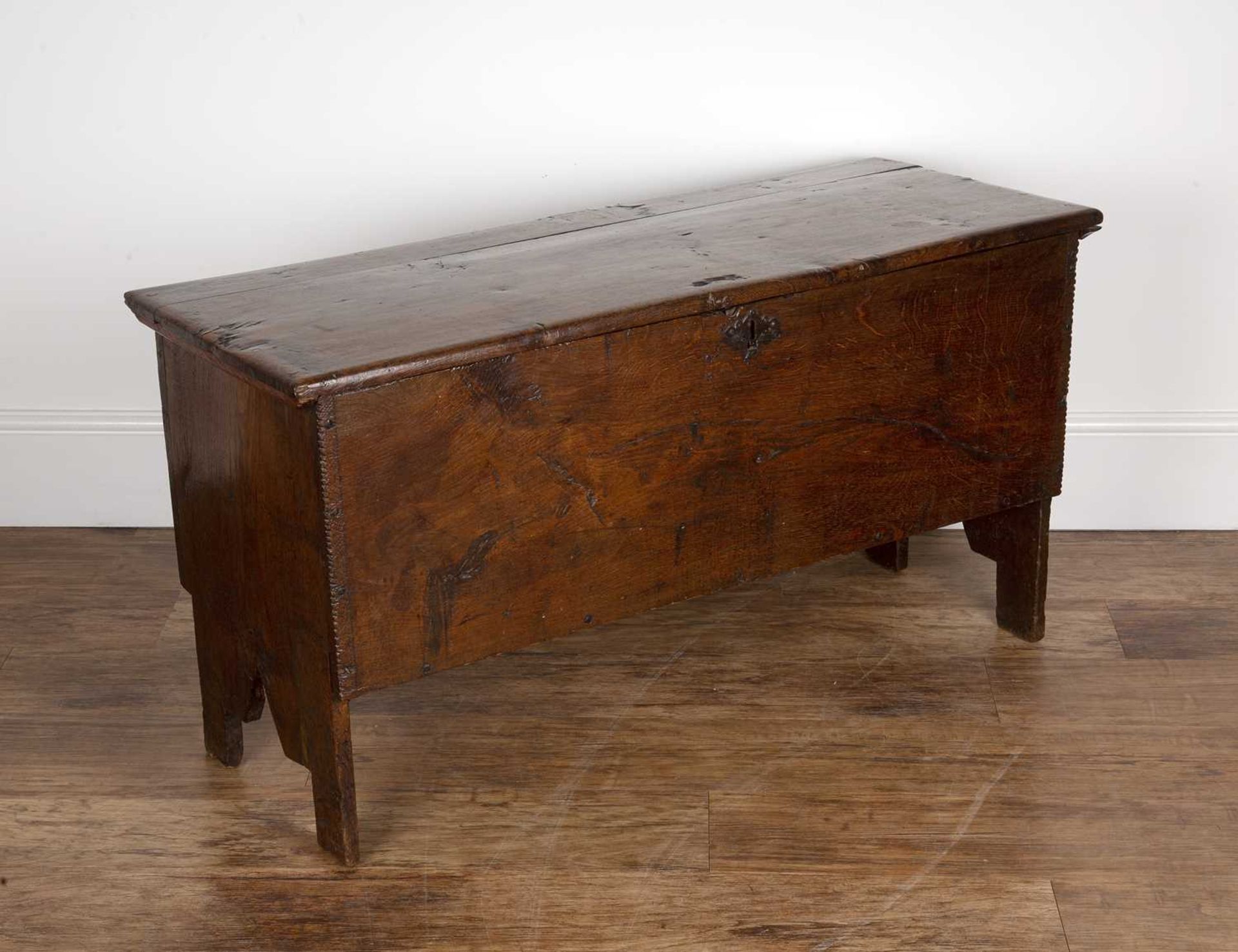 Six plank oak coffer late 17th Century, with iron hinges, 107cm long x 40cm deep x 57cm high Good - Image 2 of 5