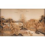Chinese cork diorama depicting a temple and river scene with cranes, unsigned, 32cm x 52cmOverall
