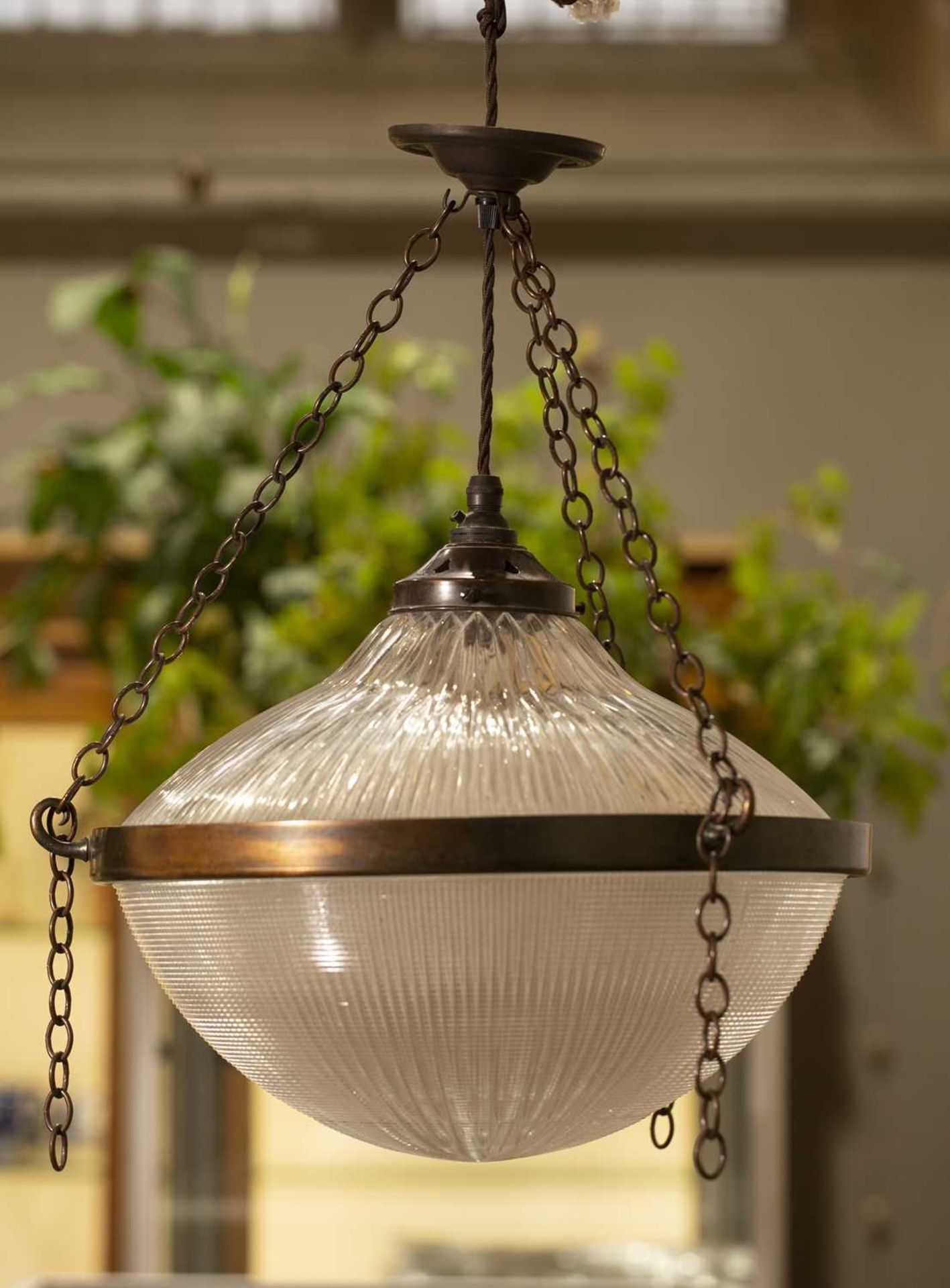 Holophane pendant light and shade circa 1910, of ribbed form with metal pendant and mount, 36cm