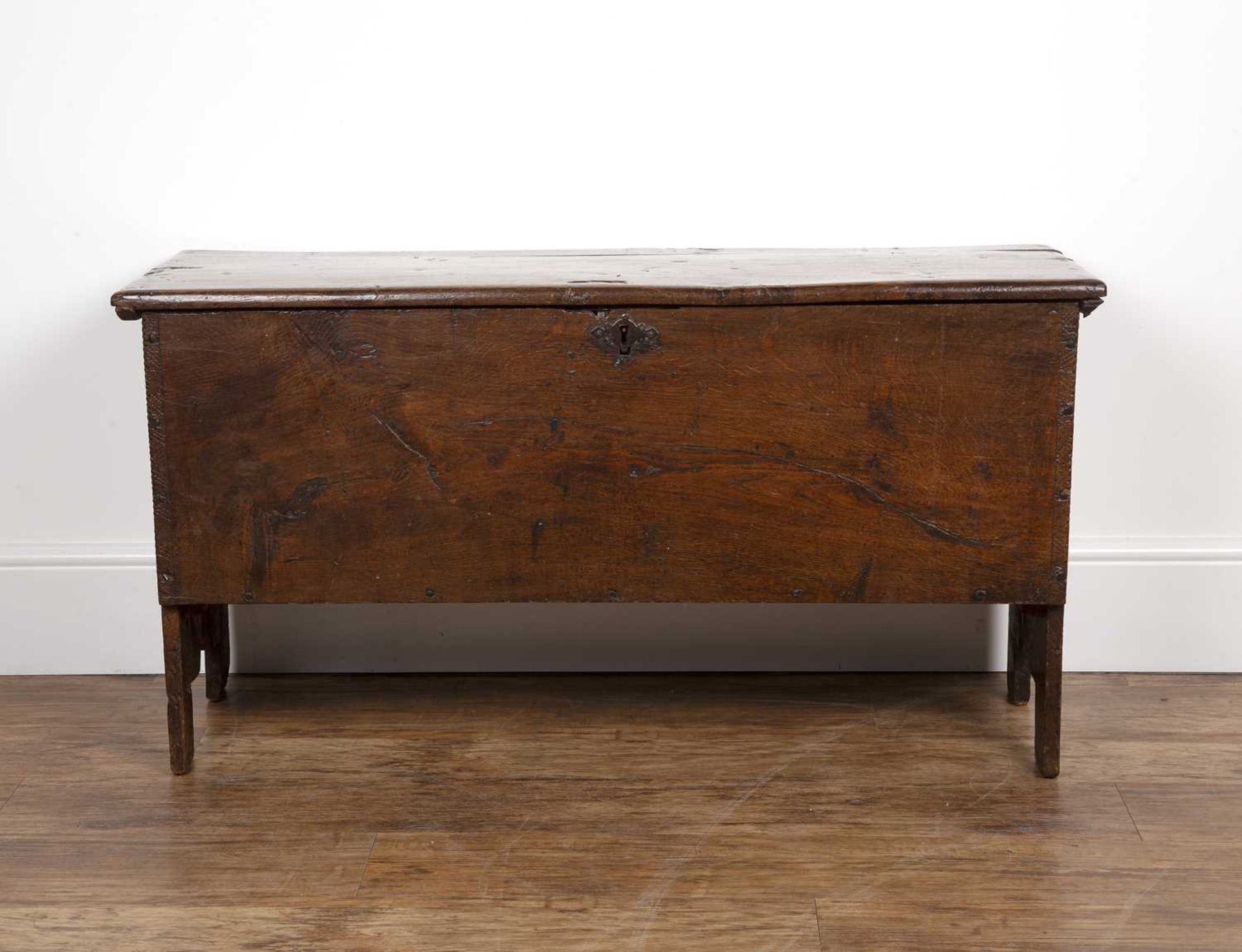 Six plank oak coffer late 17th Century, with iron hinges, 107cm long x 40cm deep x 57cm high Good