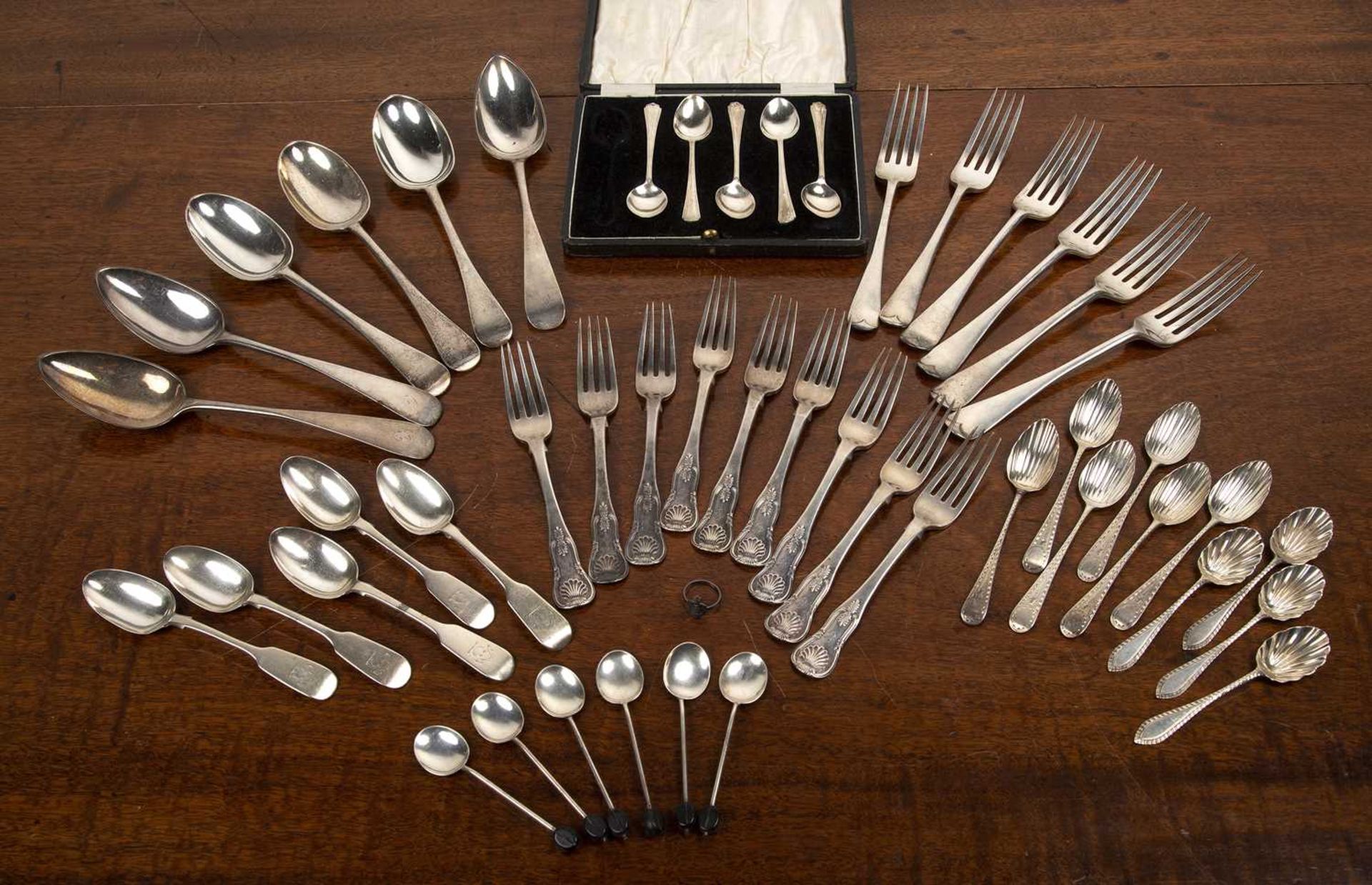 Collection of silver flatware and cutlery comprising of: a matched set of six silver tablespoons,