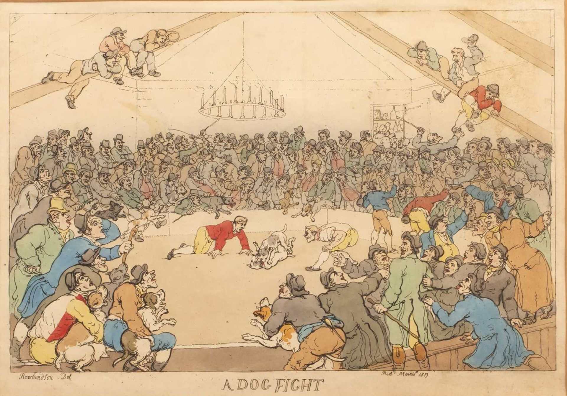 After Thomas Rowlandson (1757-1827) 'A dog fight', hand coloured print, 23cm x 33cm and another by