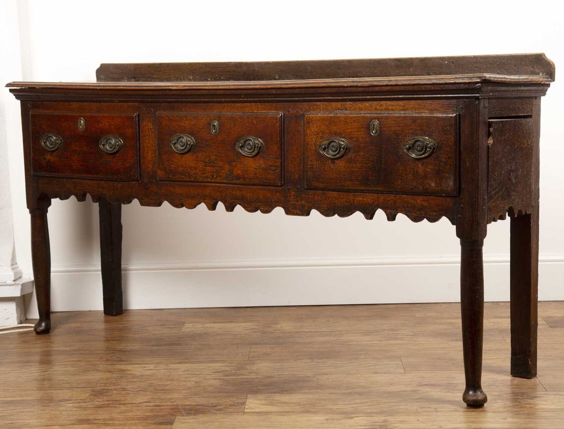 Oak dresser base early 19th Century, fitted with three drawers, on raised pad feet, 169cm wide x - Image 2 of 4