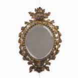 Gilt metal oval wall mirror late 19th Century, with mask and leaf border, 45cm x 31cmProbably