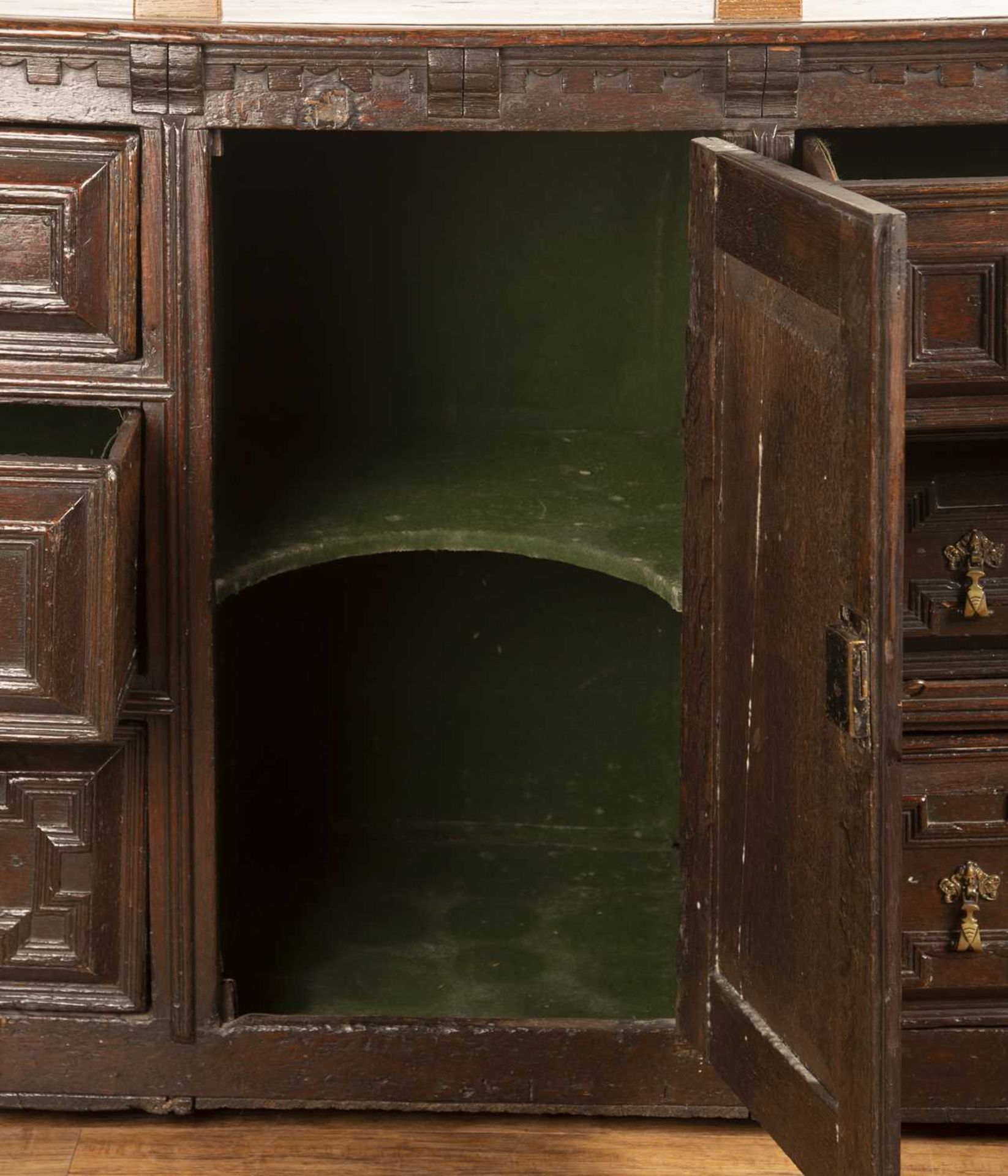 Moulded front dresser 17th/18th Century, fitted drawers and a central cupboard, with old brass - Image 2 of 5