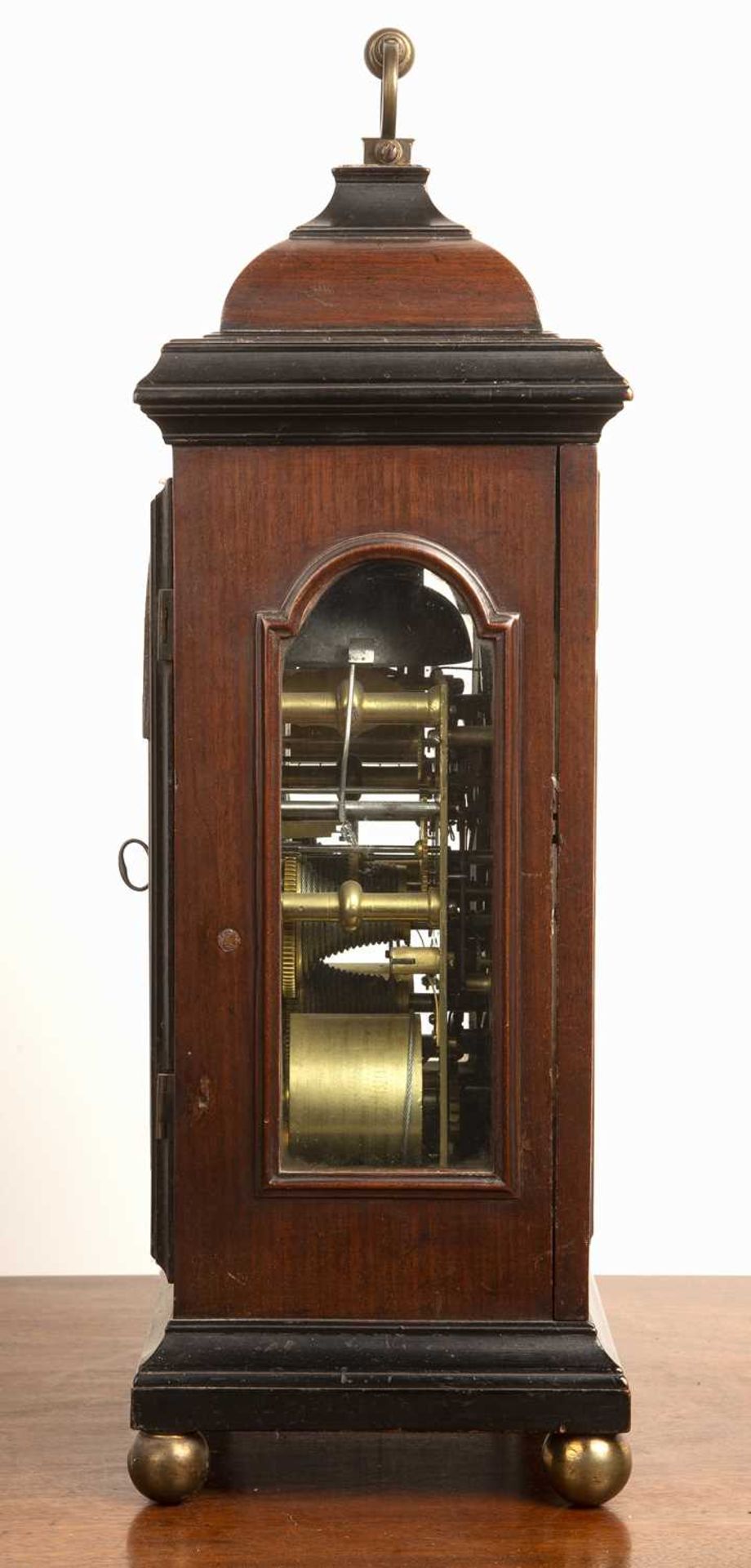 Parcel ebonised and mahogany bracket or table clock, 18th Century, the break arch brass dial with - Image 3 of 5