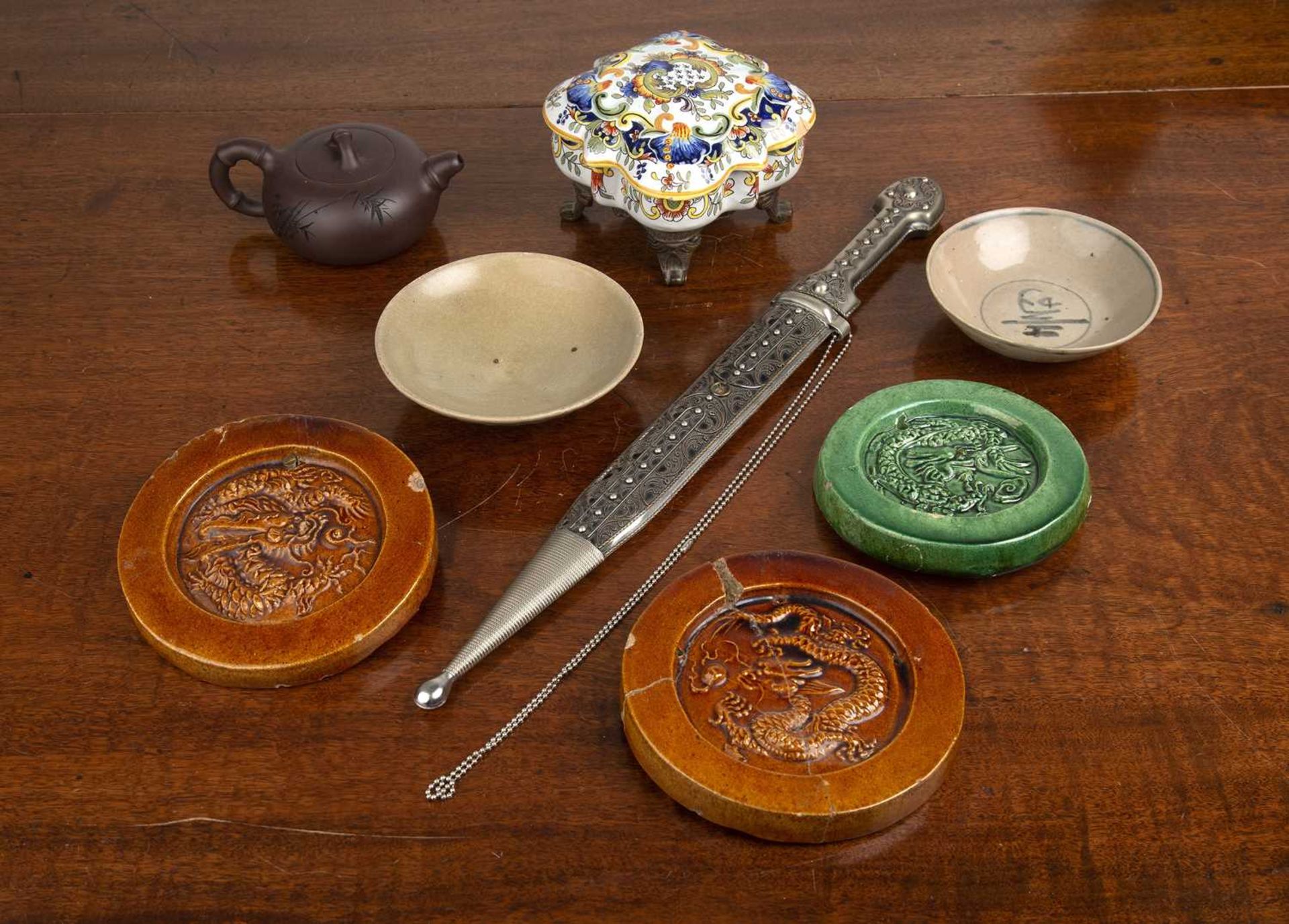 Group of items Chinese and European, comprising of three ceramic roundels decorated with dragons