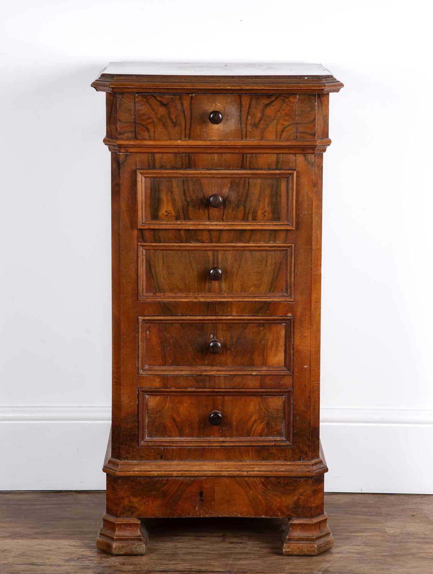 Walnut small narrow chest Continental, circa 1900, fitted five drawers, 44cm wide x 33cm deep x 89cm