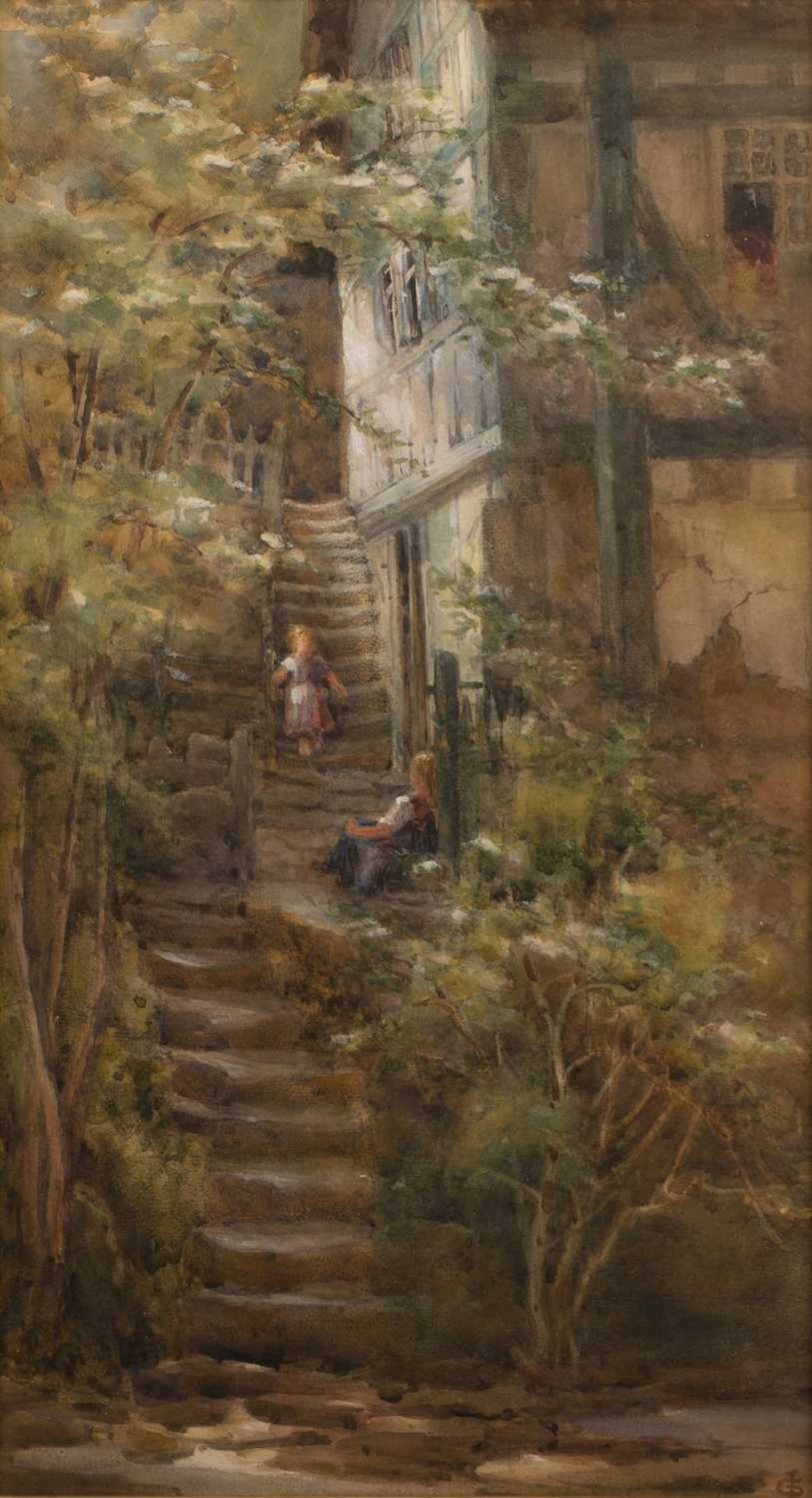 Early 20th Century Continental School 'Untitled figures on steps', watercolour, monogrammed lower