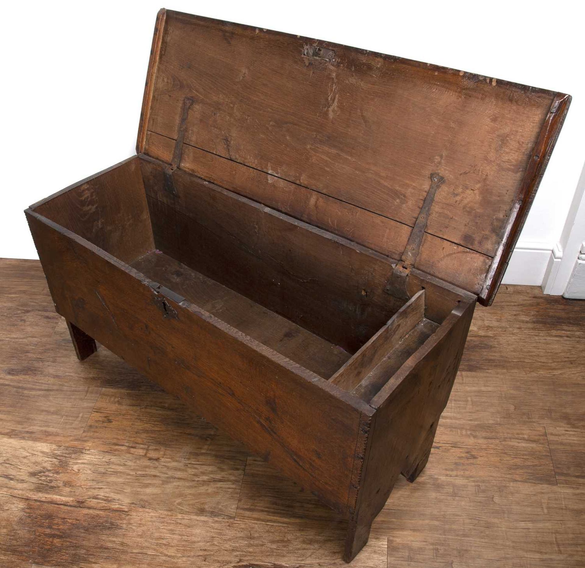 Six plank oak coffer late 17th Century, with iron hinges, 107cm long x 40cm deep x 57cm high Good - Image 4 of 5