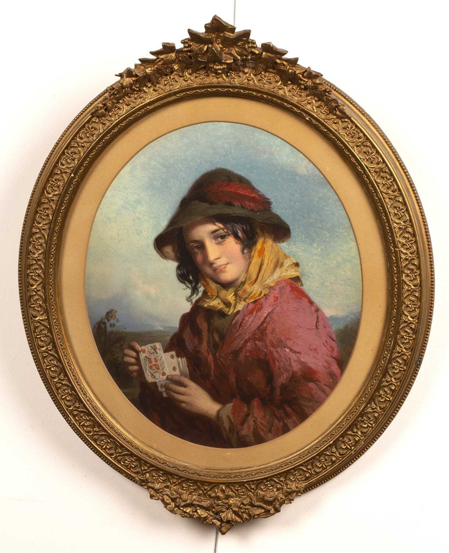 After George Baxter (1804-1867) coloured print of a girl holding playing cards, 34cm x 29cmThe - Bild 2 aus 3