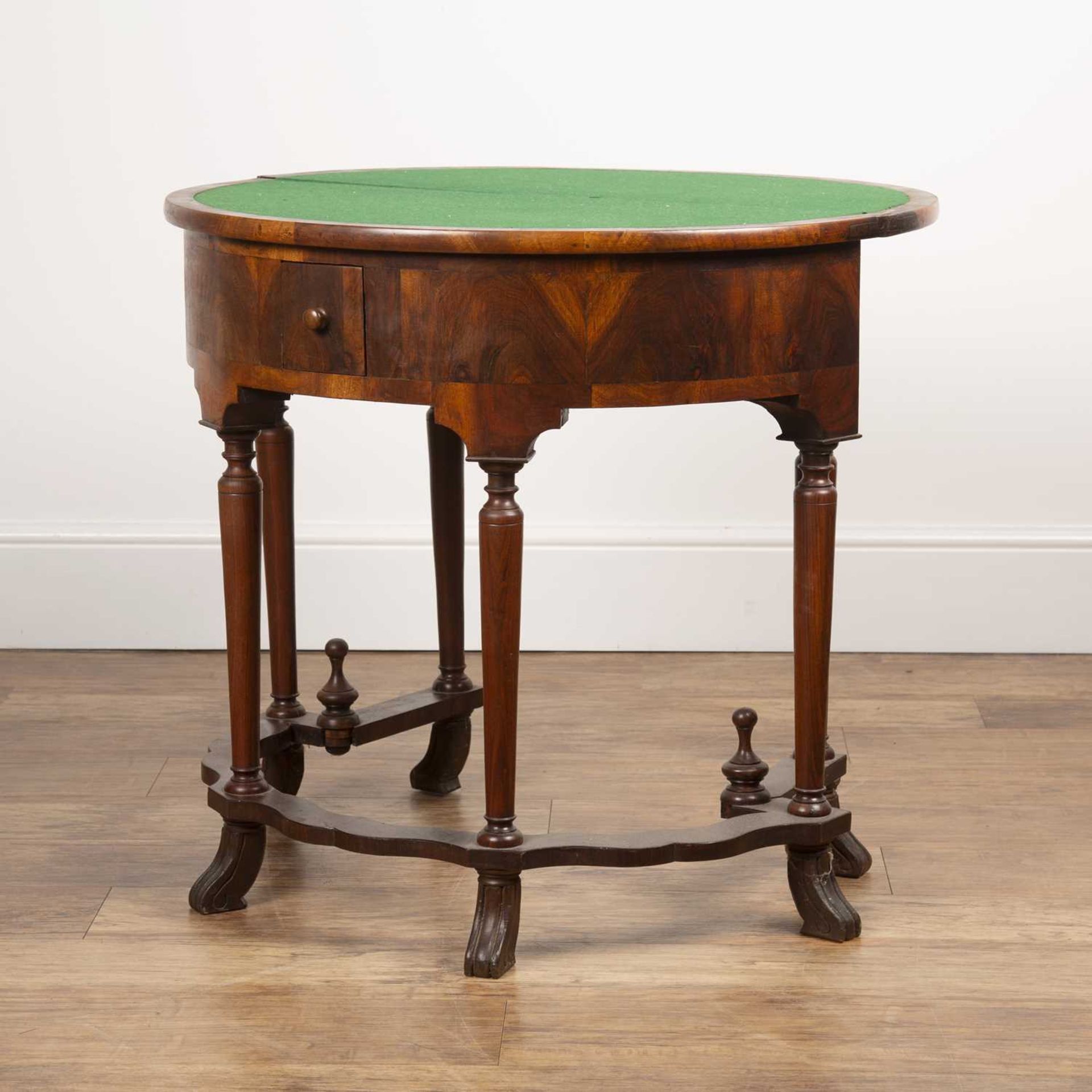 Quarter veneered walnut demi-lune card table Queen Anne style with inset baize on turned support and - Image 3 of 6