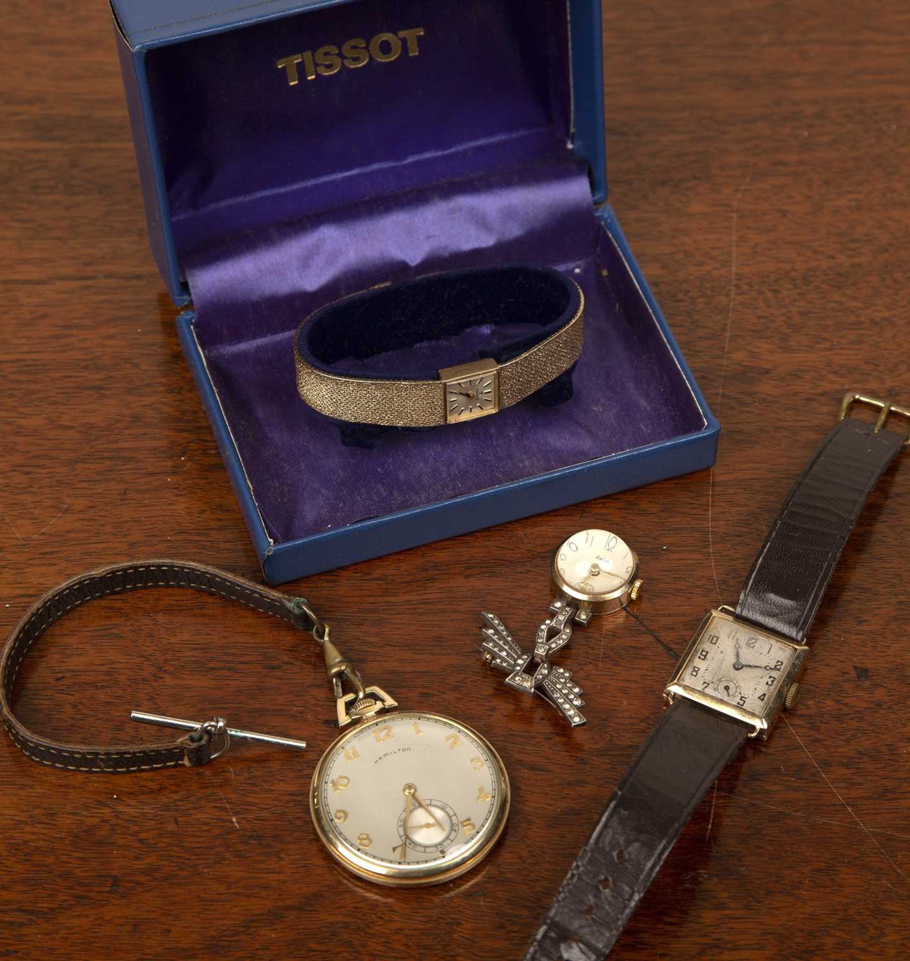 Small collection of watches comprising of: a Tissot 9ct gold ladies wristwatch on bracelet strap,