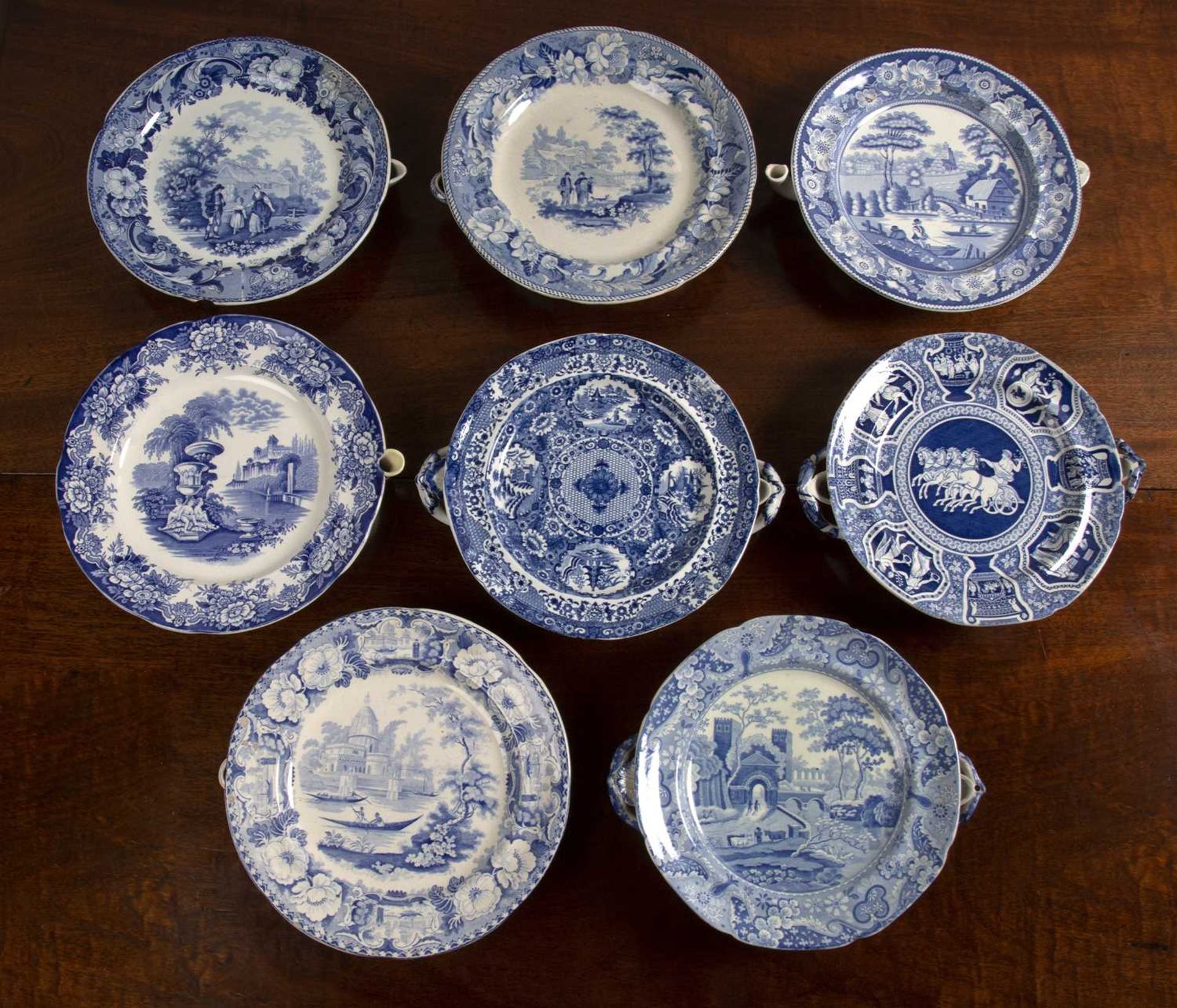 Collection of eight blue and white ceramic foodwarmers comprising of: Spode 'Greek' pattern