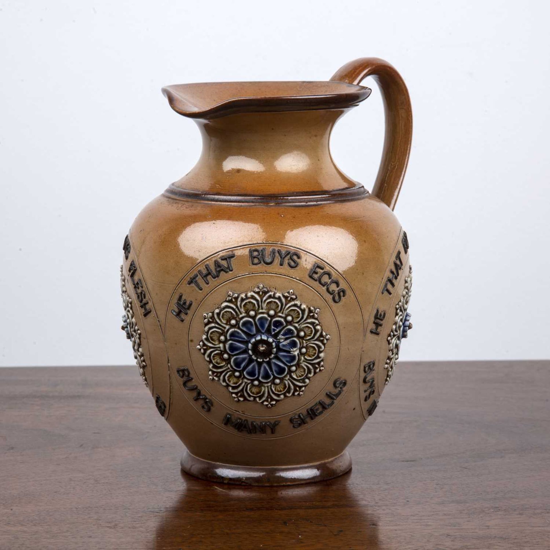 Royal Doulton Lambeth motto jug decorated with repeating cartouche and verse 'He that buys land buys - Image 2 of 4