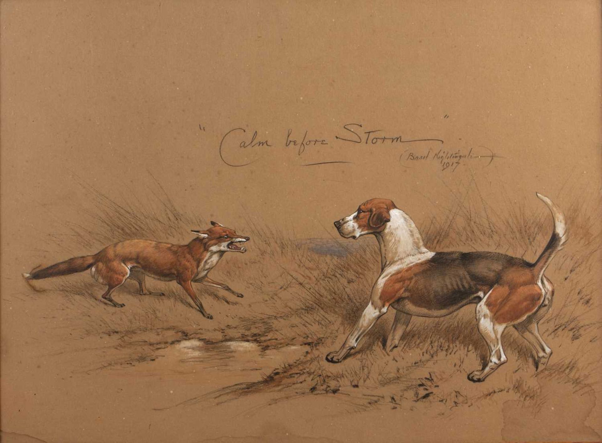 Basil Nightingale (1864-1940) 'Calm before the storm' study of a fox and hound, graphite and gouache