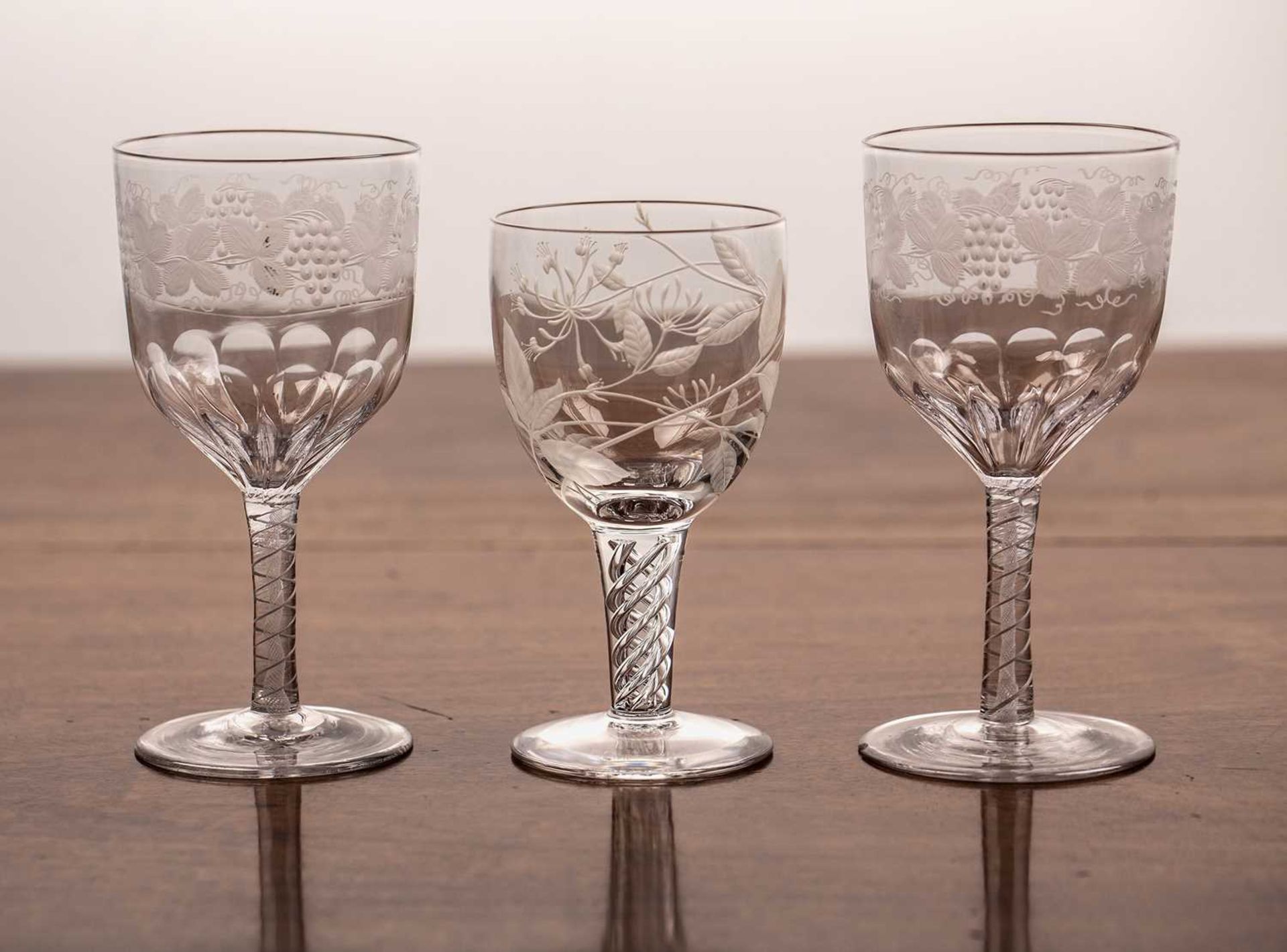 Three etched drinking glasses comprising of: a pair of 19th Century glasses with etched grapes and - Image 2 of 2